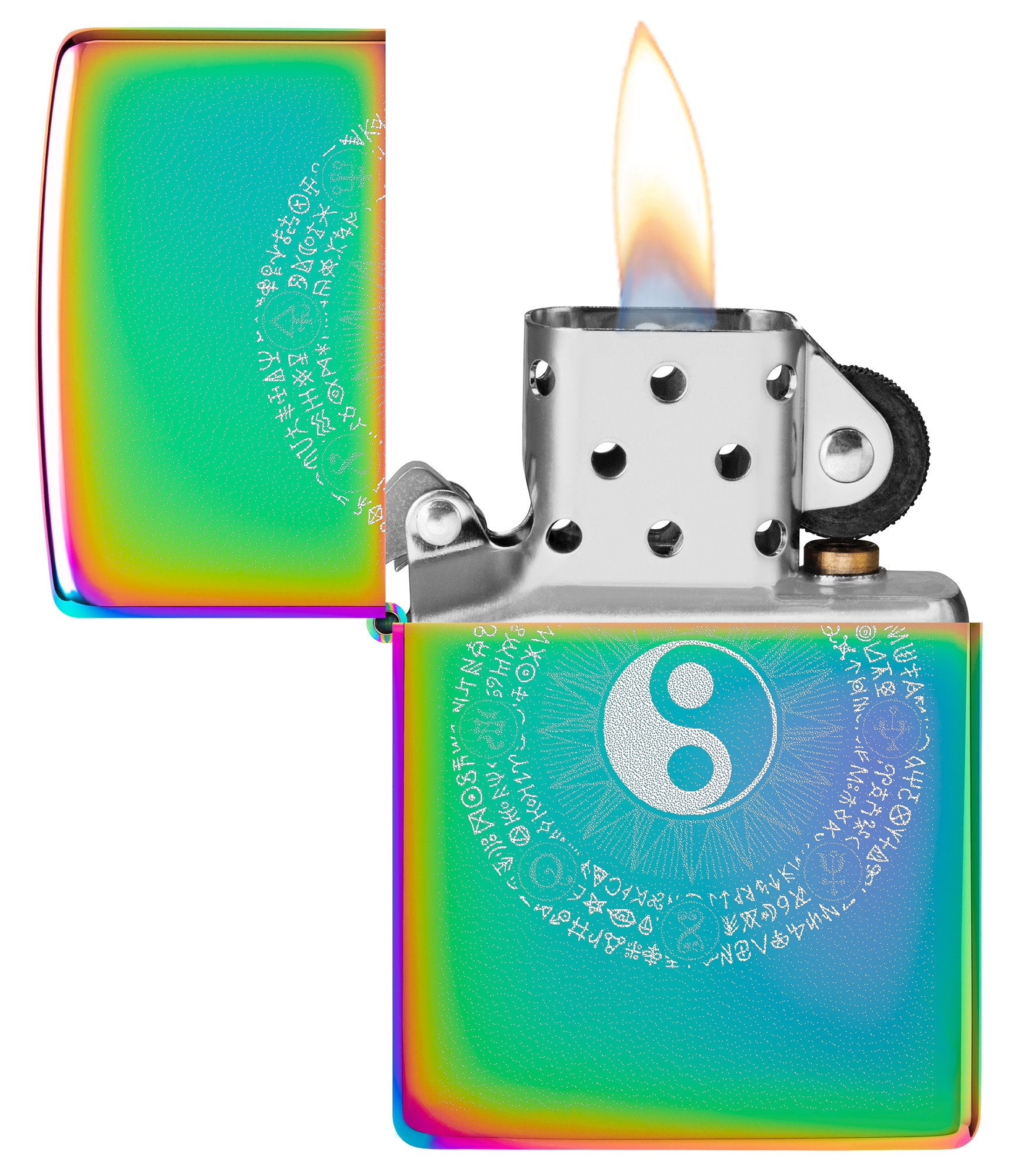 Zippo Yin-Yang Design Multi-Color Windproof Lighter with its lid open and lit.