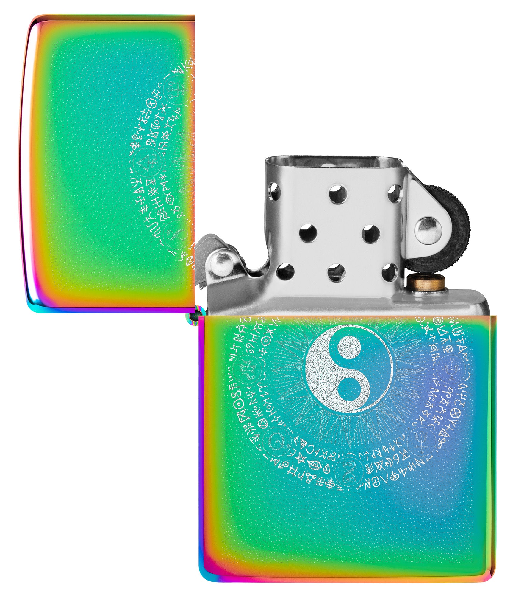 Zippo Yin-Yang Design Multi-Color Windproof Lighter with its lid open and unlit.