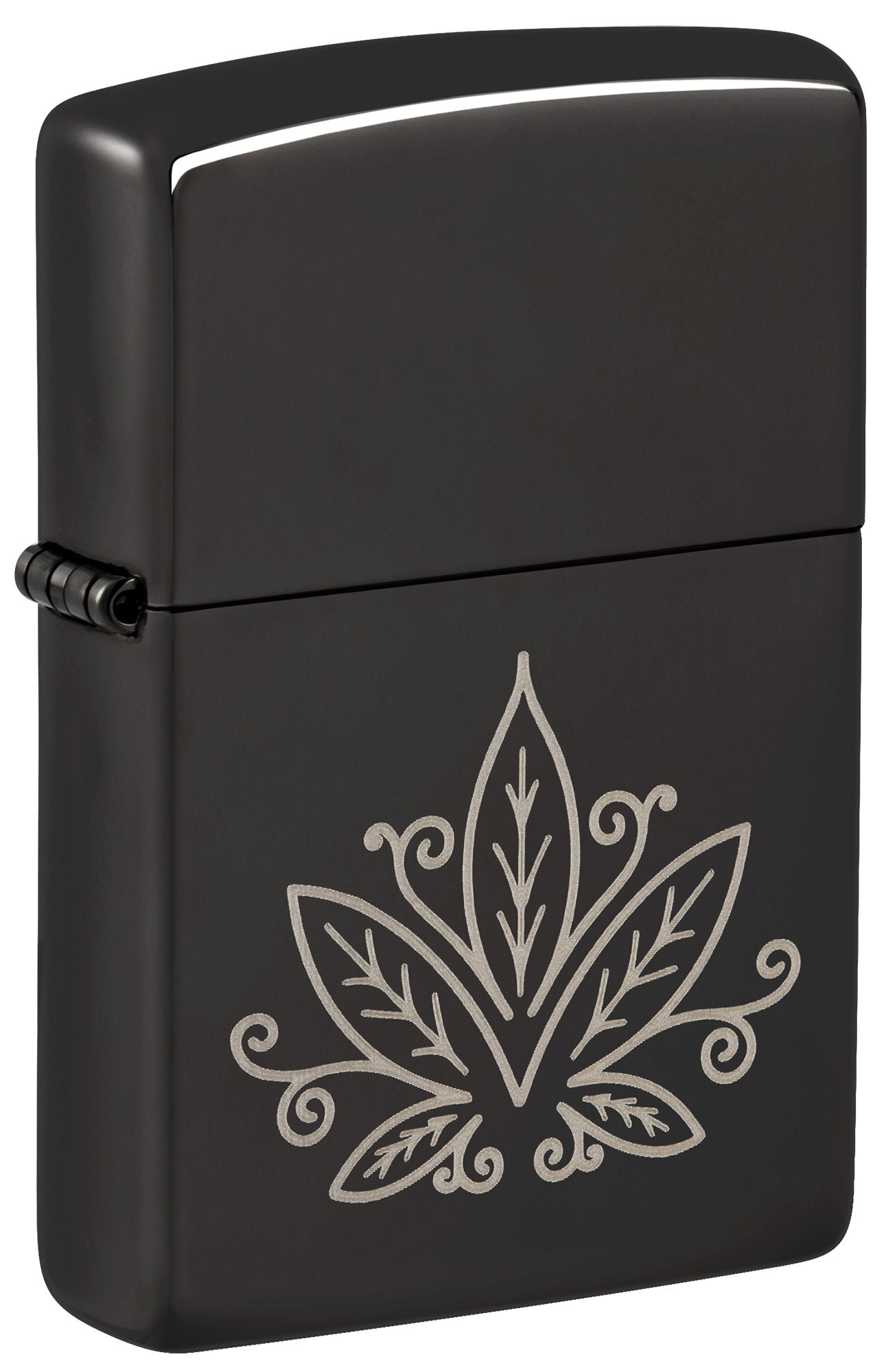 Front view of Zippo Cannabis Design High Polish Black Windproof Lighter standing at a 3/4 angle.
