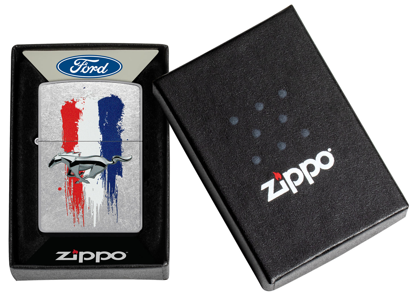 Zippo Ford Mustang Design Street Chrome Windproof Lighter in its packaging.