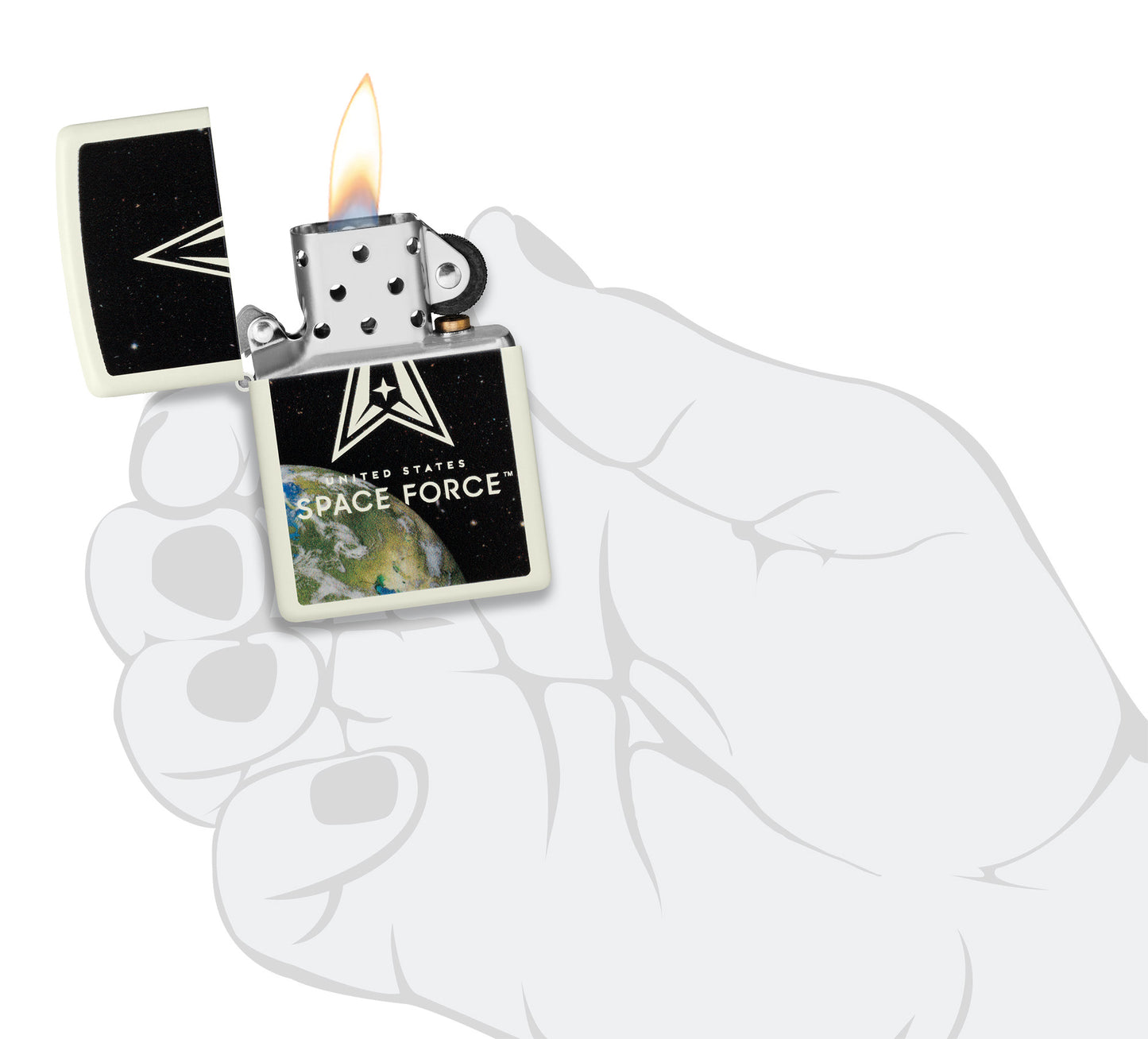 Zippo U.S. Space Forceâ„¢ Glow in the Dark Windproof Lighter lit in hand.