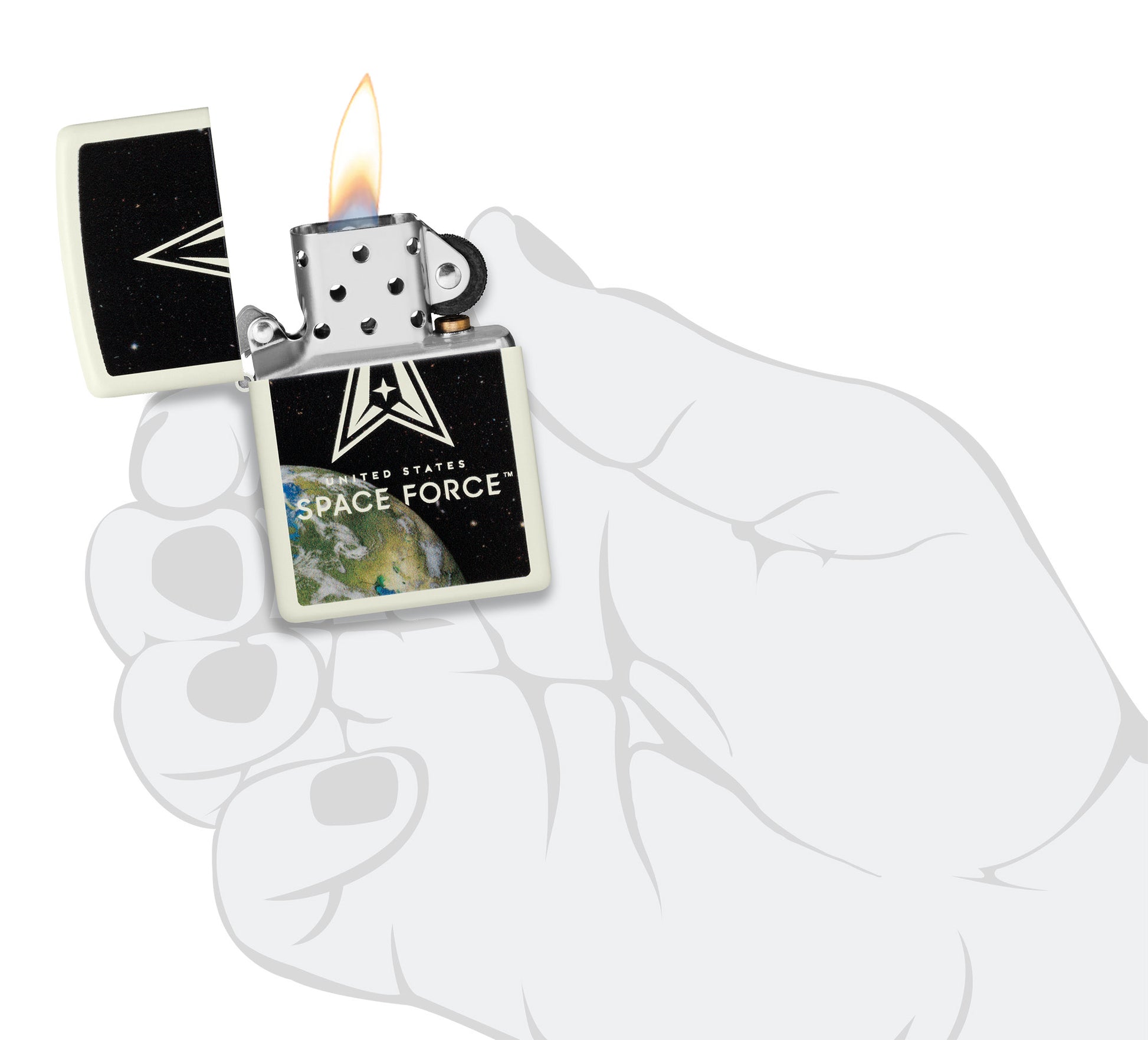 Zippo U.S. Space Forceâ„¢ Glow in the Dark Windproof Lighter lit in hand.