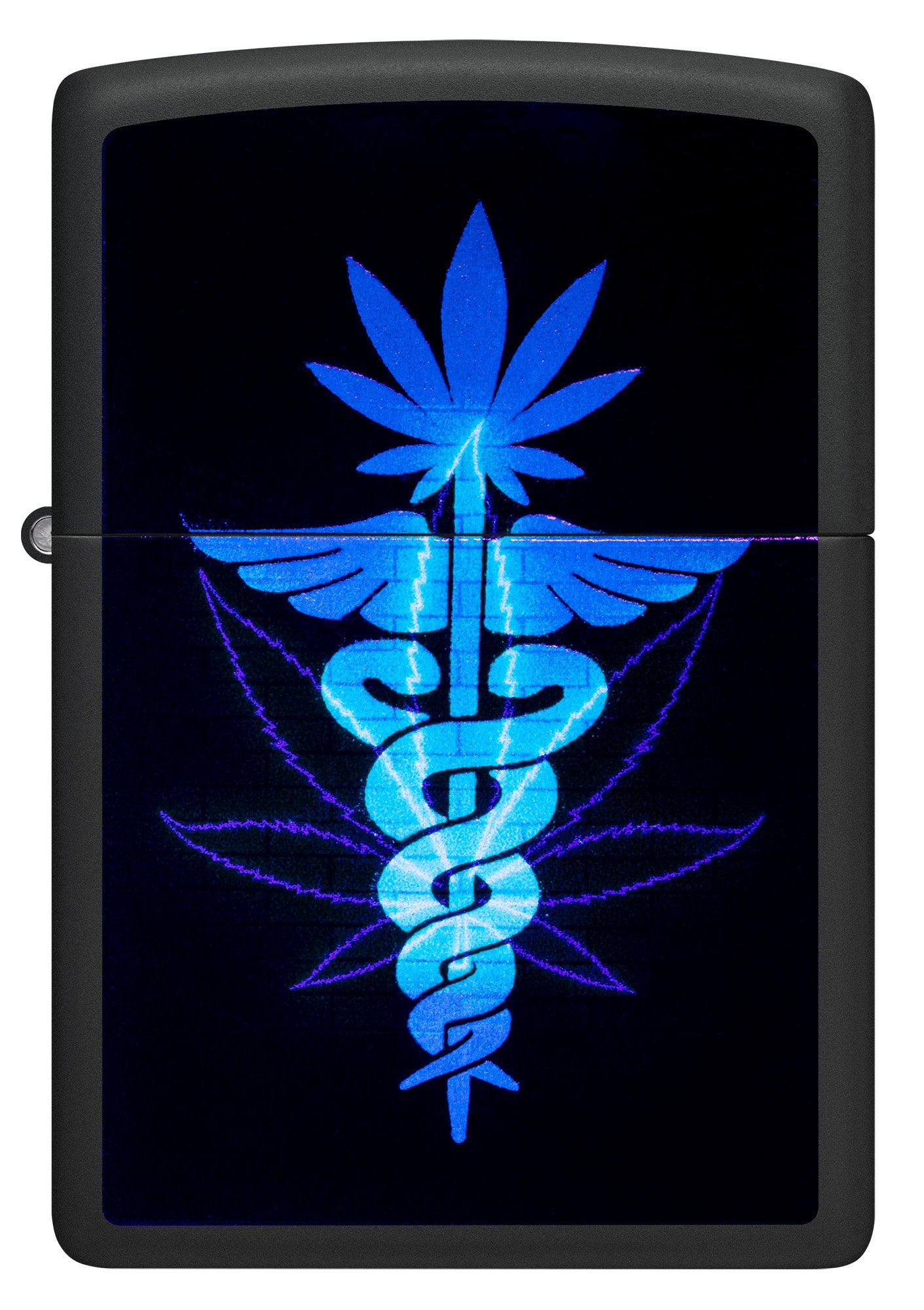 Front view of Zippo Gleaming Leaf Design Black Matte Windproof Lighter glowing under a black light.