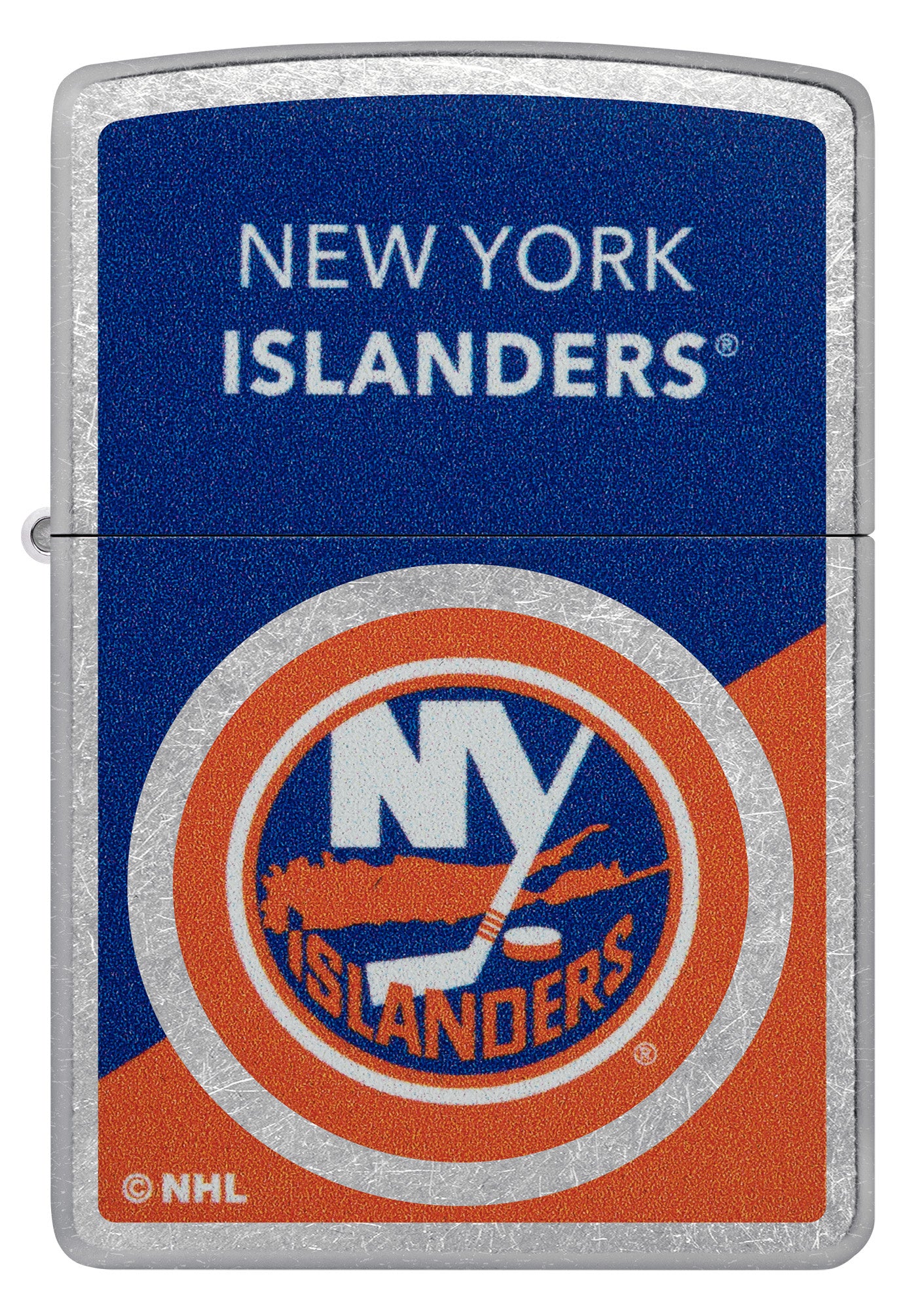 Zippo NHL® New York Islanders® 2024 Street Chrome™ Windproof Lighter with its lid open and lit.