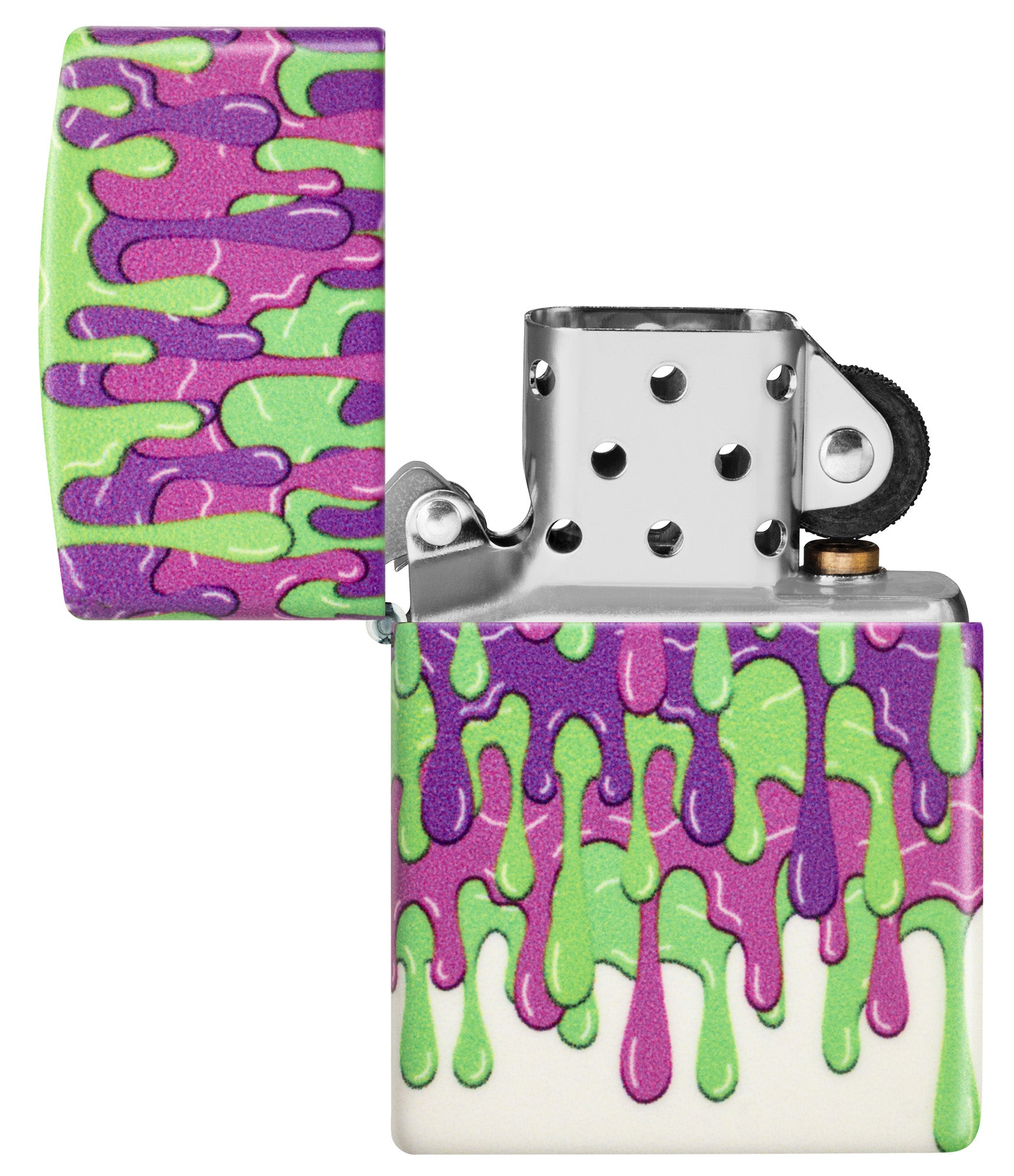 Zippo Glowing Slime Design Glow in the Dark Windproof Lighter with its lid open and unlit.