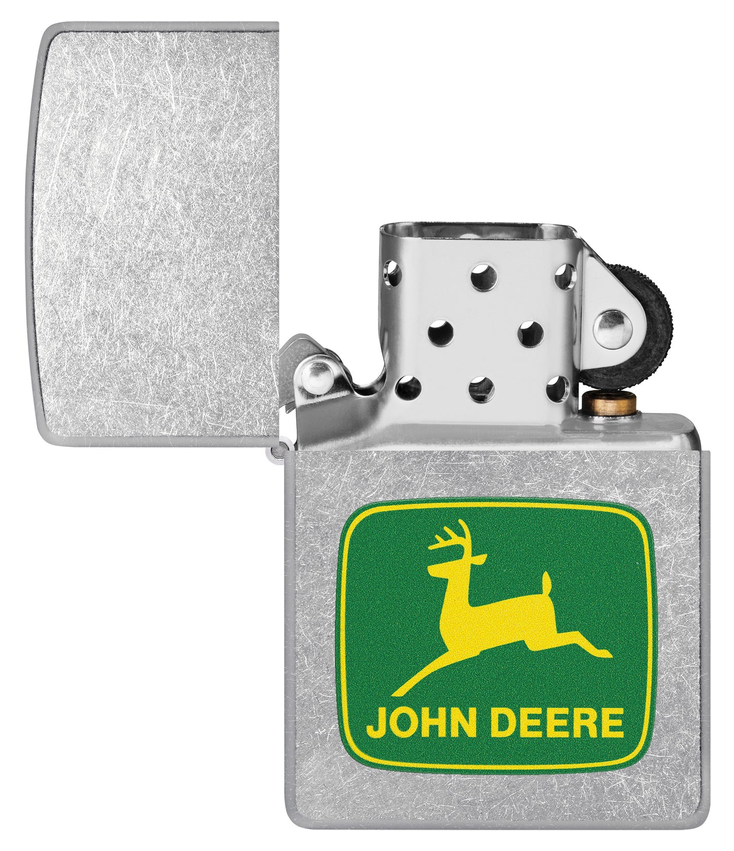 Zippo John Deere Leaping Deer Design Street Chrome Pocket Lighter with its lid open and unlit.