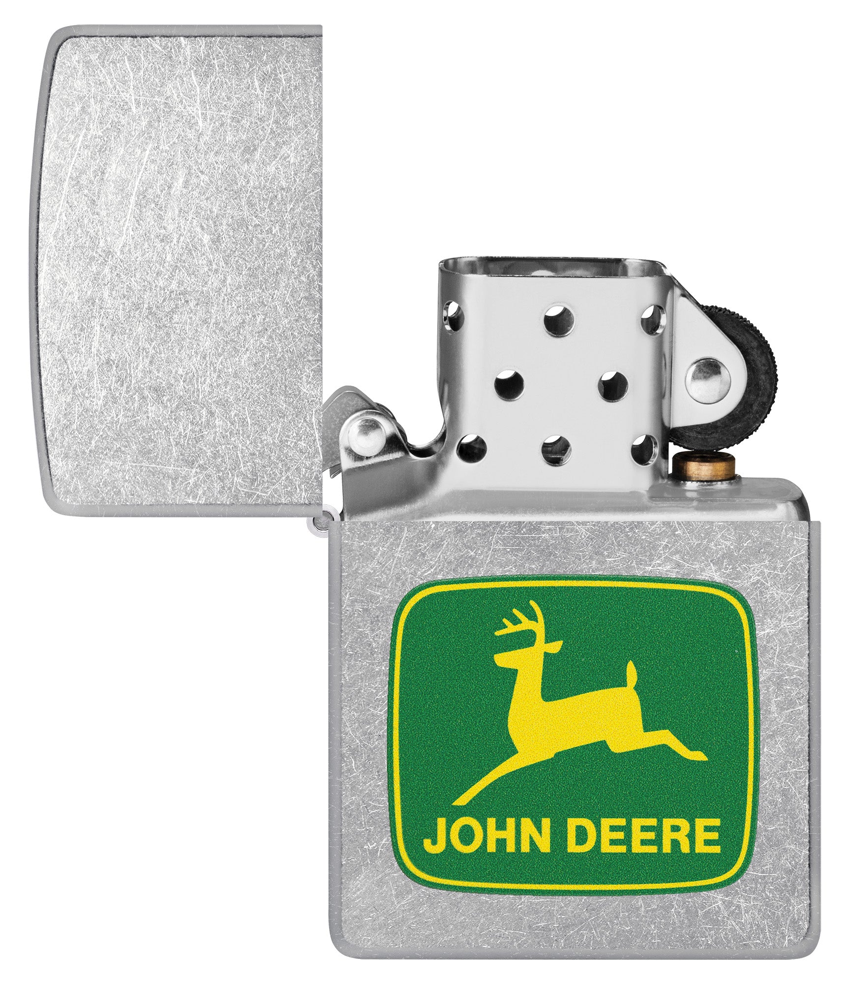Zippo John Deere Leaping Deer Design Street Chrome Pocket Lighter with its lid open and unlit.