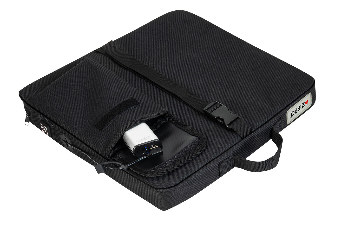 Bottom view of Zippo Heated Seat - Single showing a HeatBank® 3 (not included) plugged into the seat.