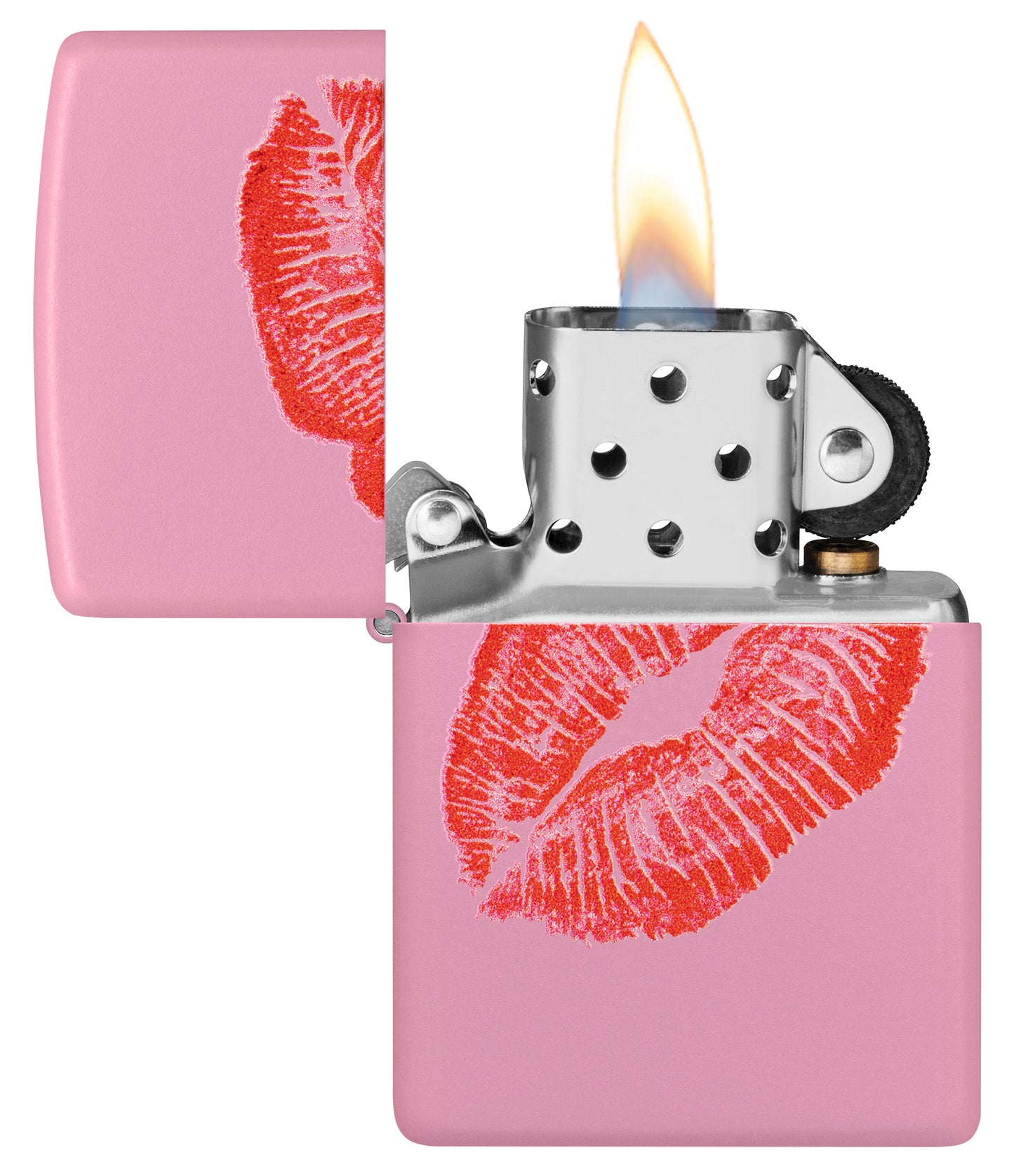 Zippo Smooches Design Pink Matte Windproof Lighter with its lid open and lit.