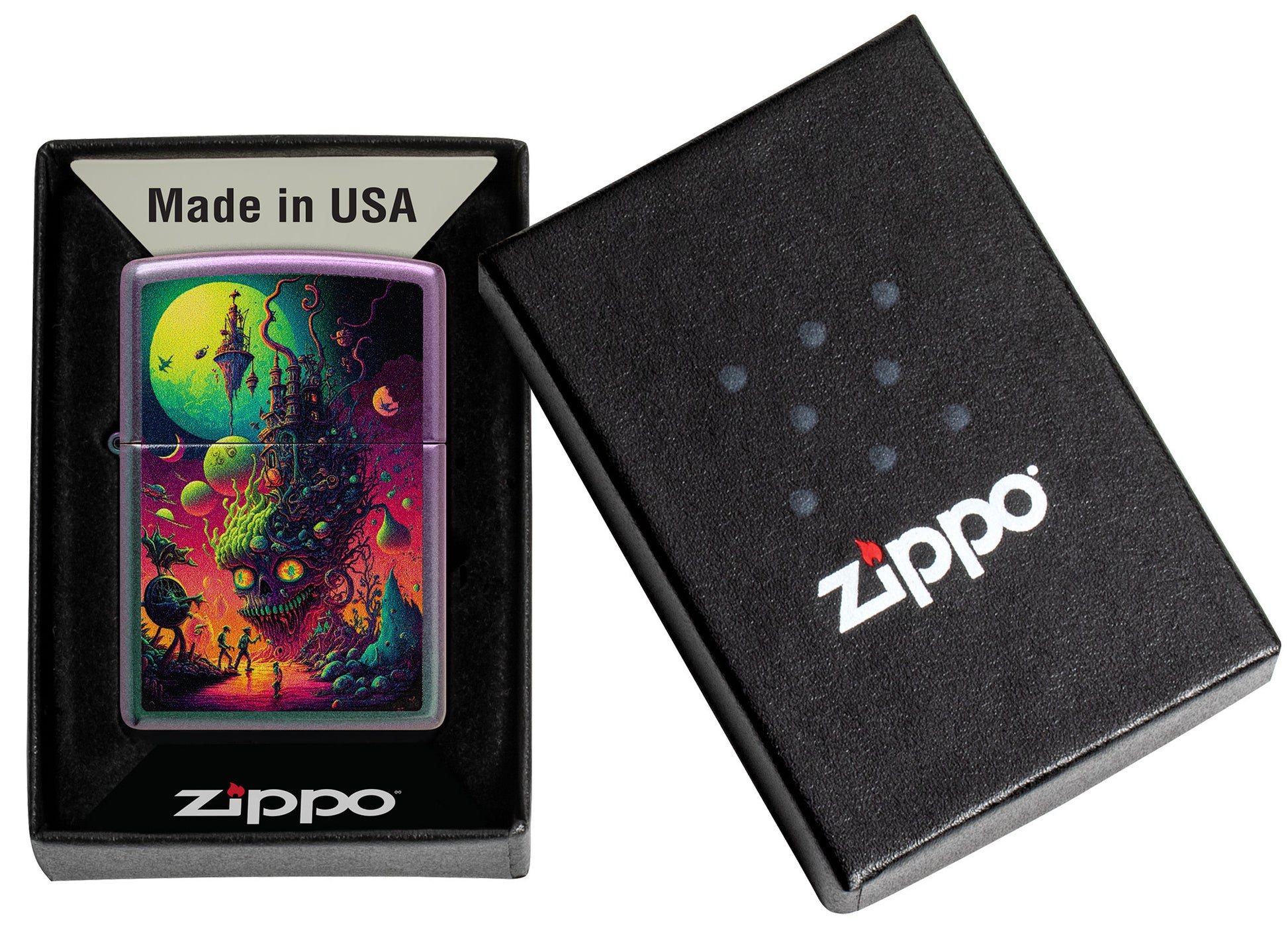 Zippo Distant Lands Design Iridescent Windproof Lighter in its packaging.