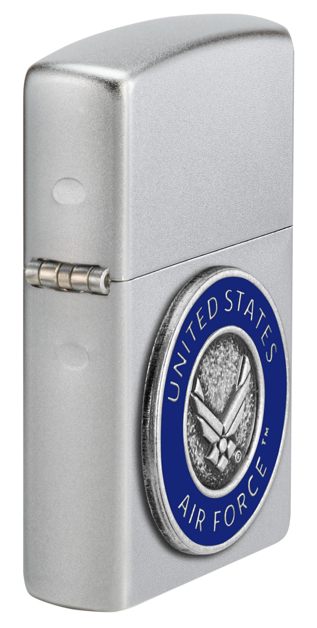 Angled shot of Zippo United States Air Forceâ„¢ Emblem Satin Chrome Windproof Lighter showing the front and hinge side of the lighter.