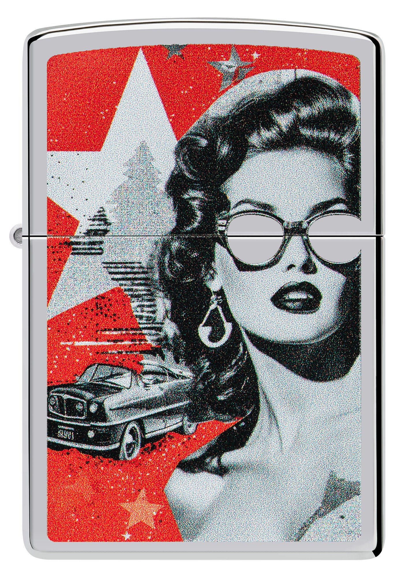 Front view of Zippo Glam Glasses Design High Polish Chrome Windproof Lighter.
