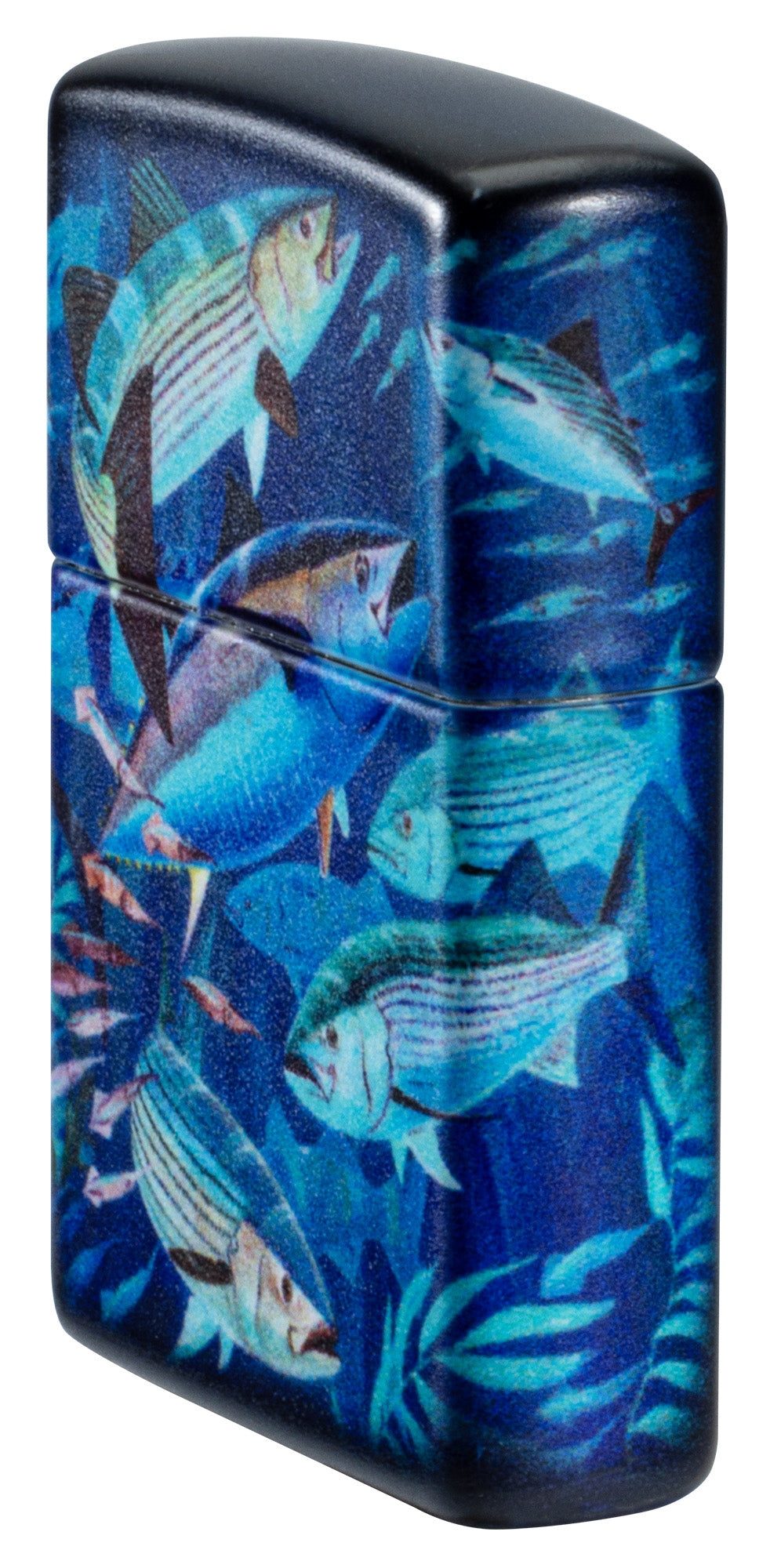 Angled shot of Zippo Guy Harvey School of Fish Design White 540 Matte Windproof Lighter showing the front and right sides of the lighter.