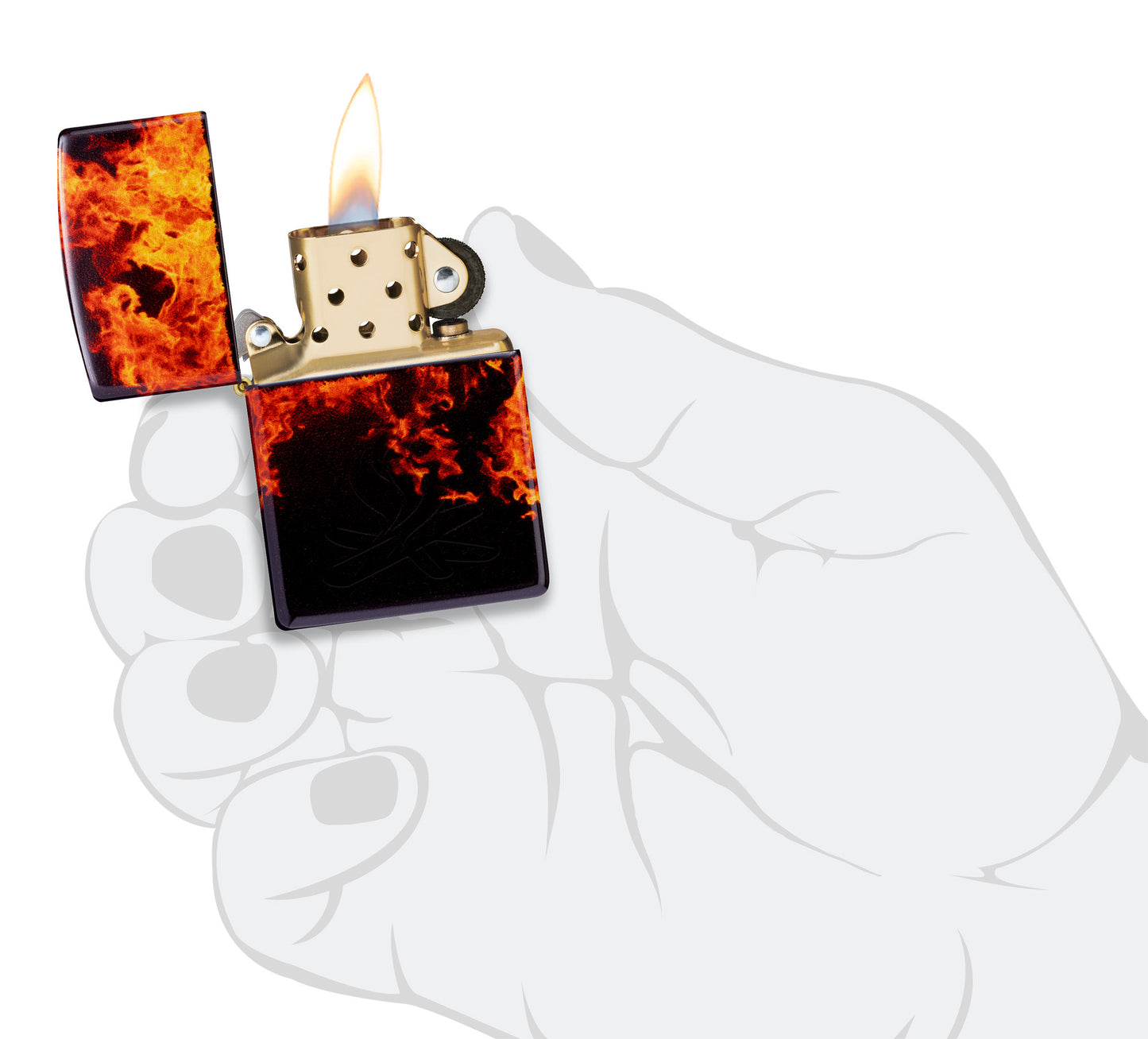 Zippo Fusion Inferno Design 540 Tumbled Brass Windproof Lighter lit in hand.