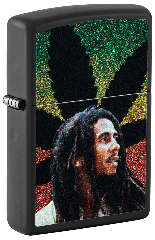 Front shot of Zippo Bob Marley Cannabis Design Black Matte Windproof Lighter standing at a 3/4 angle.