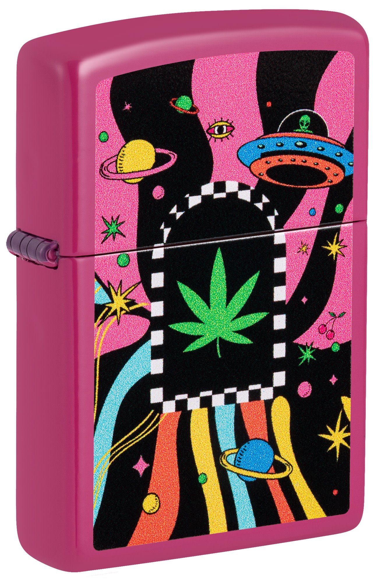 Front view of Zippo Cannabis Design Frequency Windproof Lighter standing at a 3/4 angle.