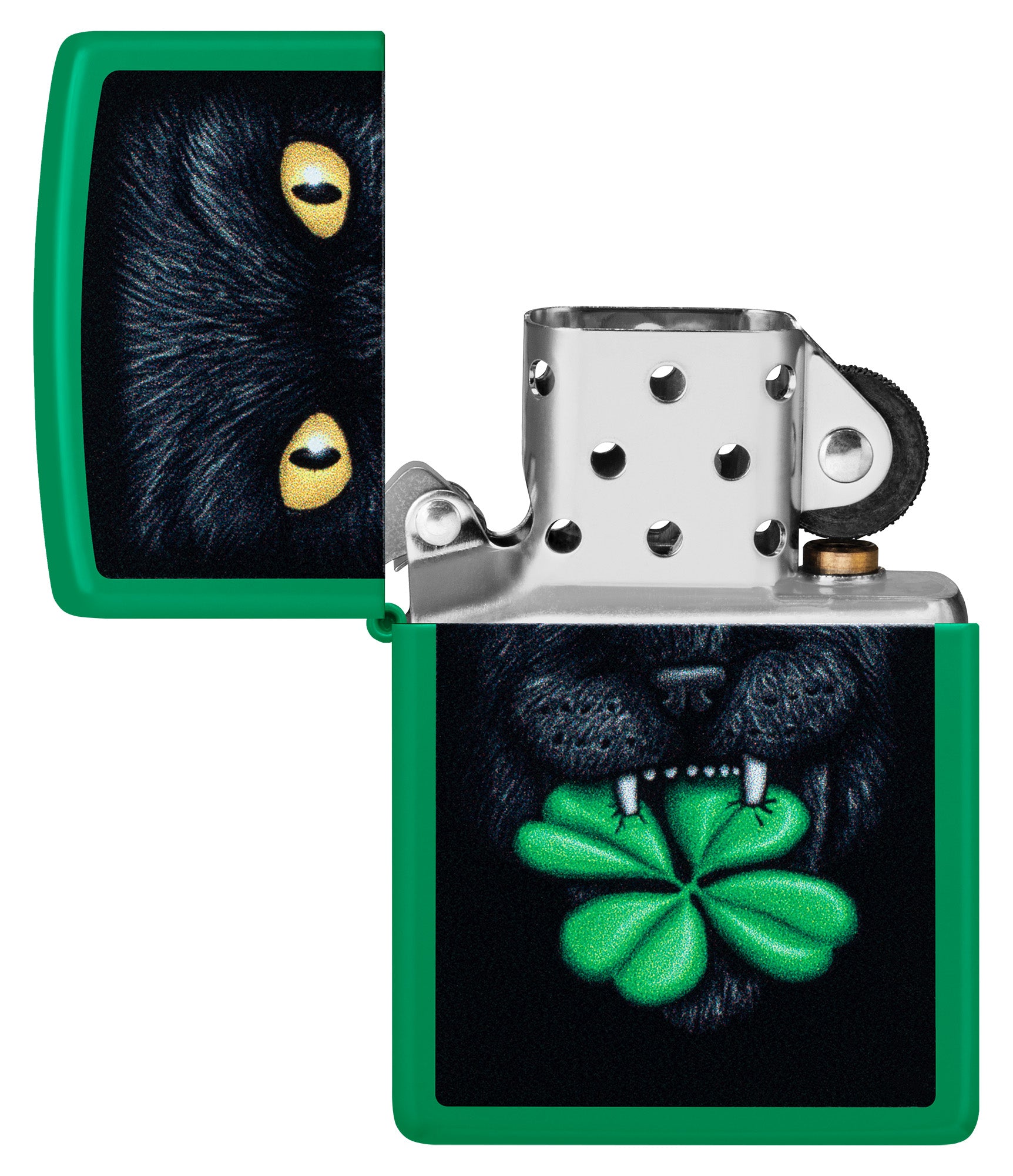 Zippo Feline Lucky Design Grass Green Matte Windproof Lighter with its lid open and unlit.