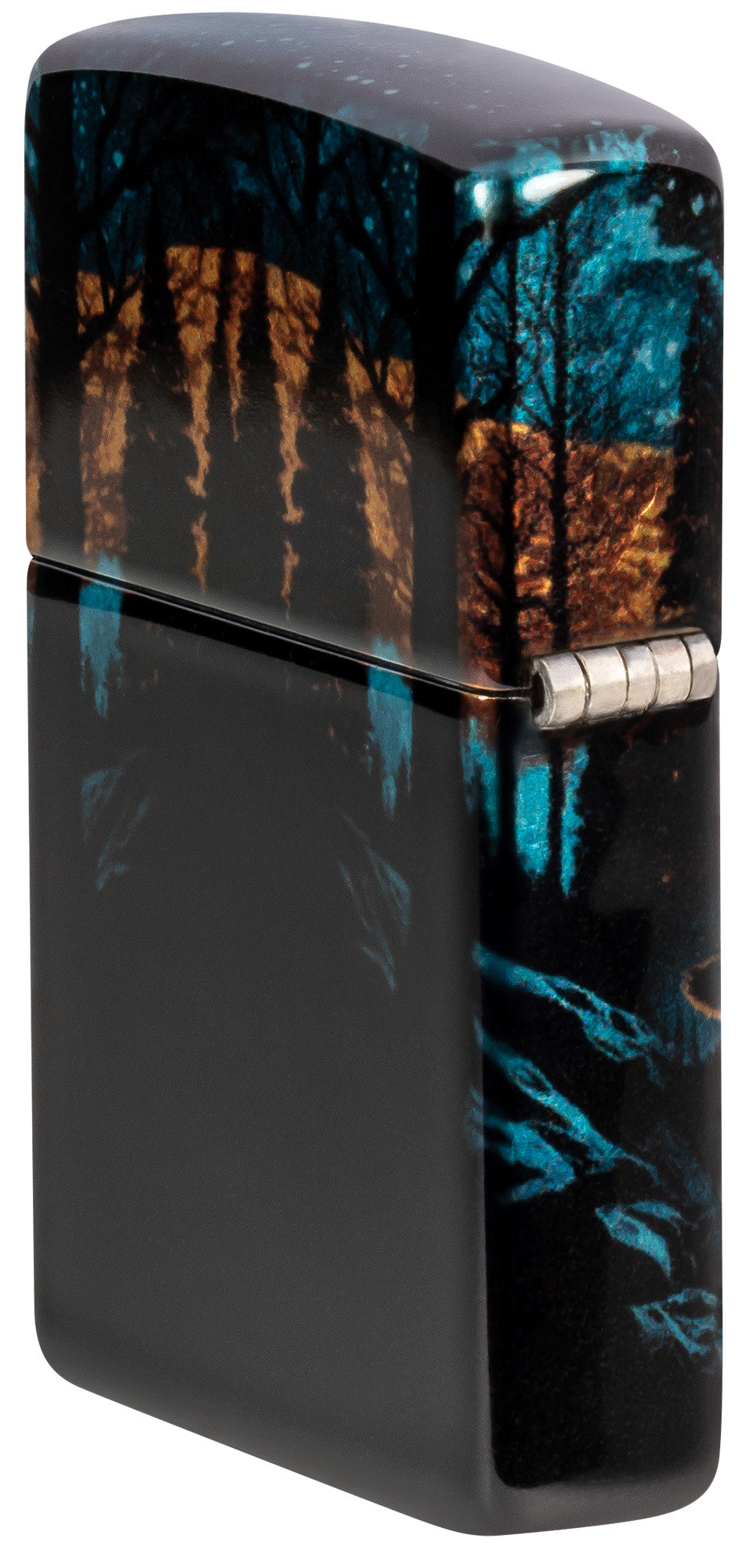 Angled shot of Zippo Moonlight Wolf Design 540 Tumbled Chrome Windproof Lighter showing the back and hinge side of the lighter.