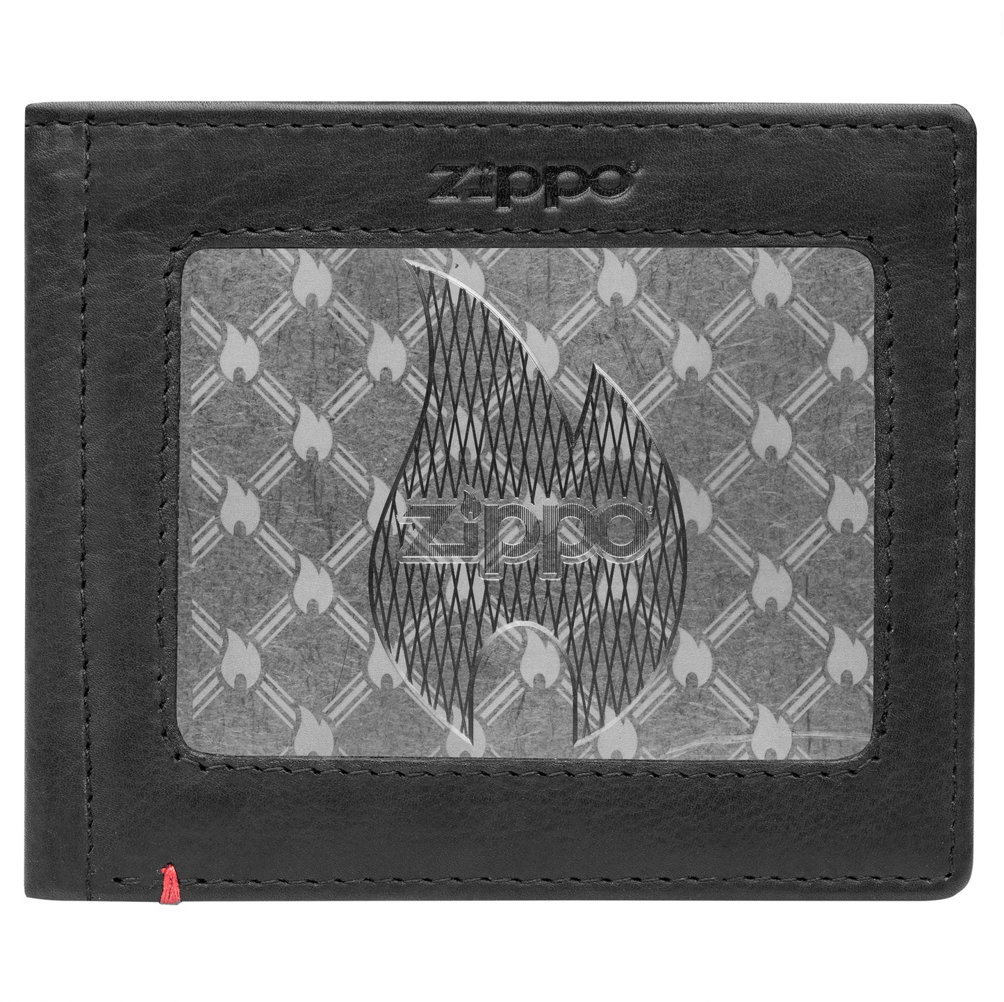 Front of black Leather Wallet With Zippo Flame Metal Plate Design - ID Window