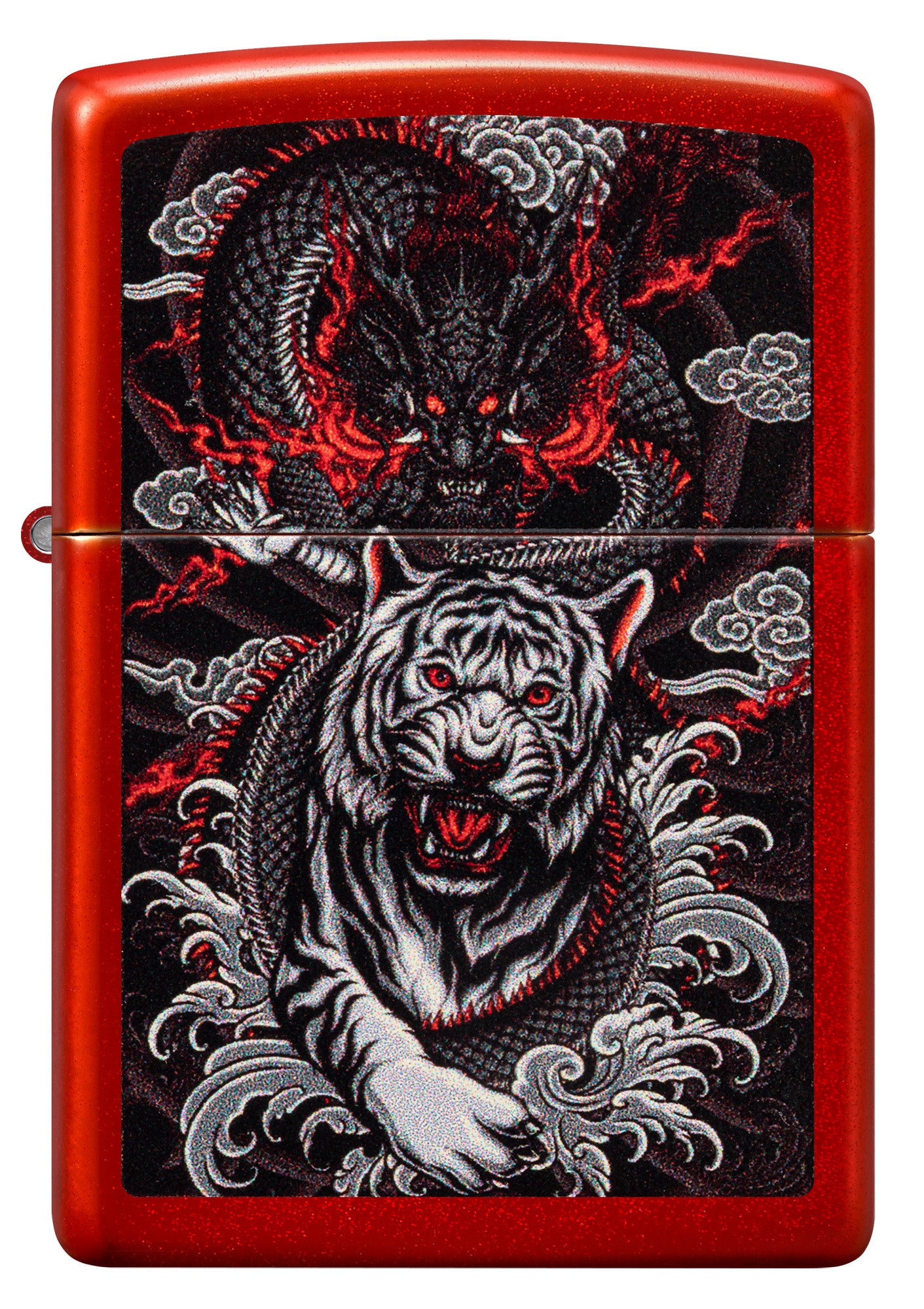 Front view of Zippo Dragon Tiger Design Metallic Red Windproof Lighter.