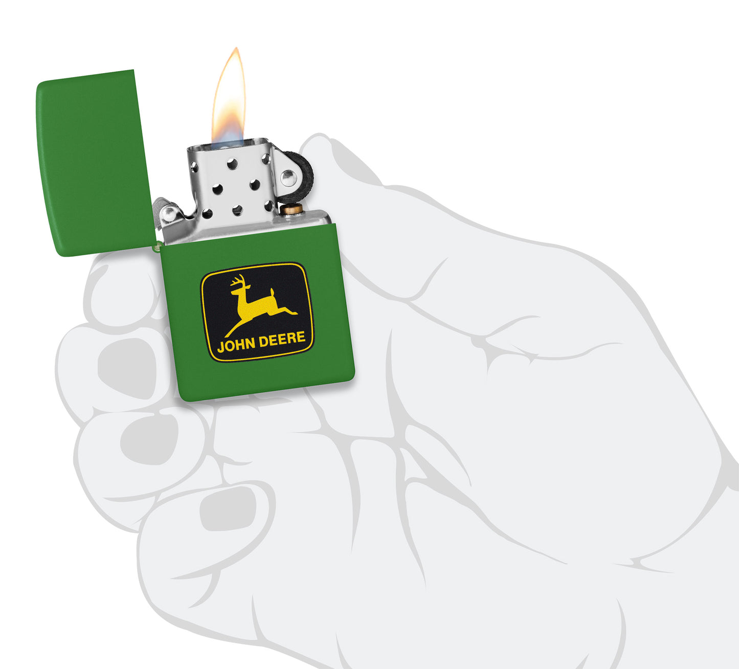 Zippo John Deere Logo Design Moss Green Pocket Lighter lit in hand.