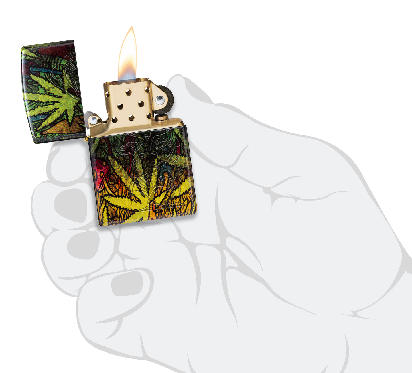 Zippo Fungi Fusion Design 540 Tumbled Brass Windproof Lighter lit in hand.