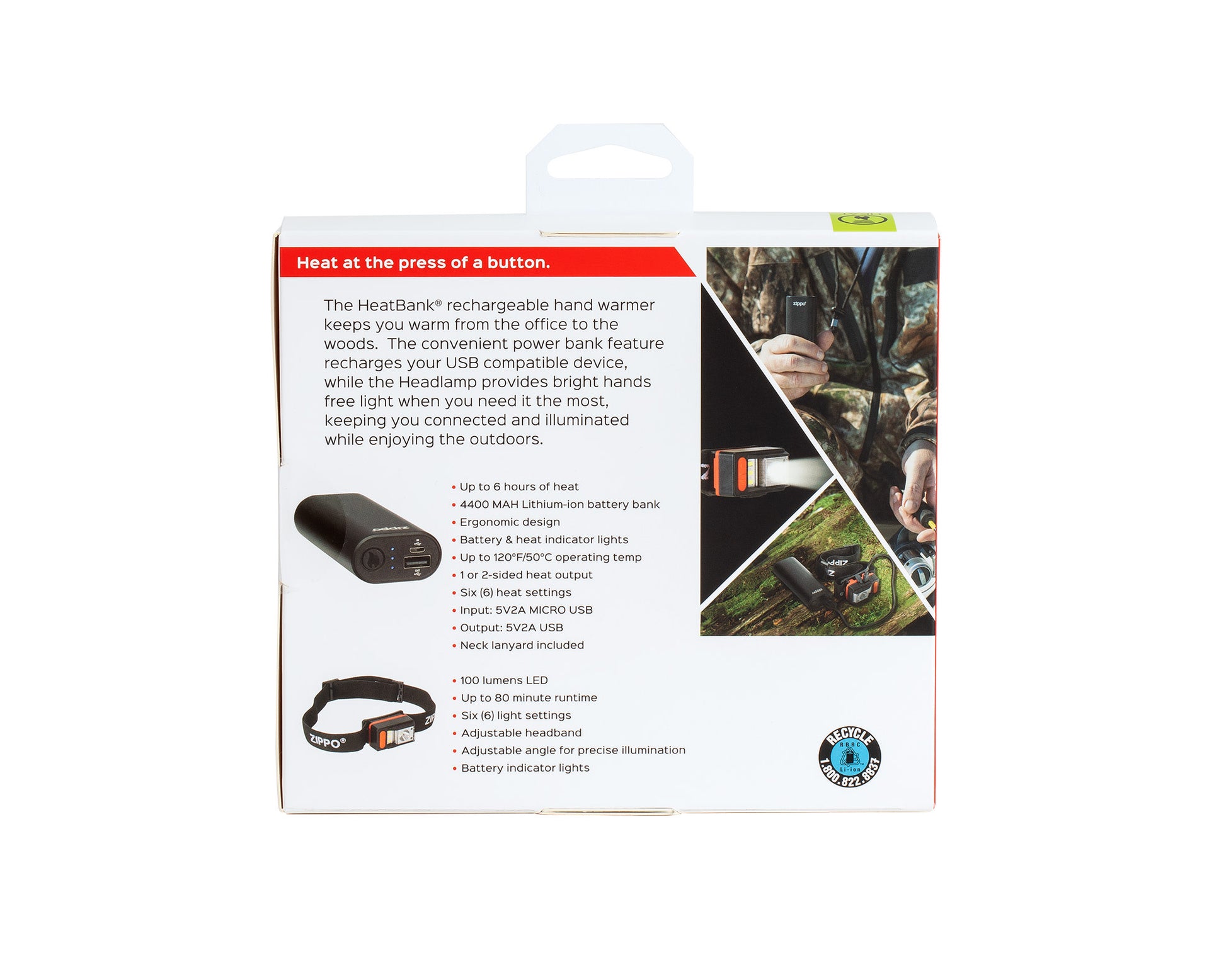 Shot of the back of the Zippo Black HeatBank® 6 Rechargeable Hand Warmer and Headlamp Gift Set in its packaging.