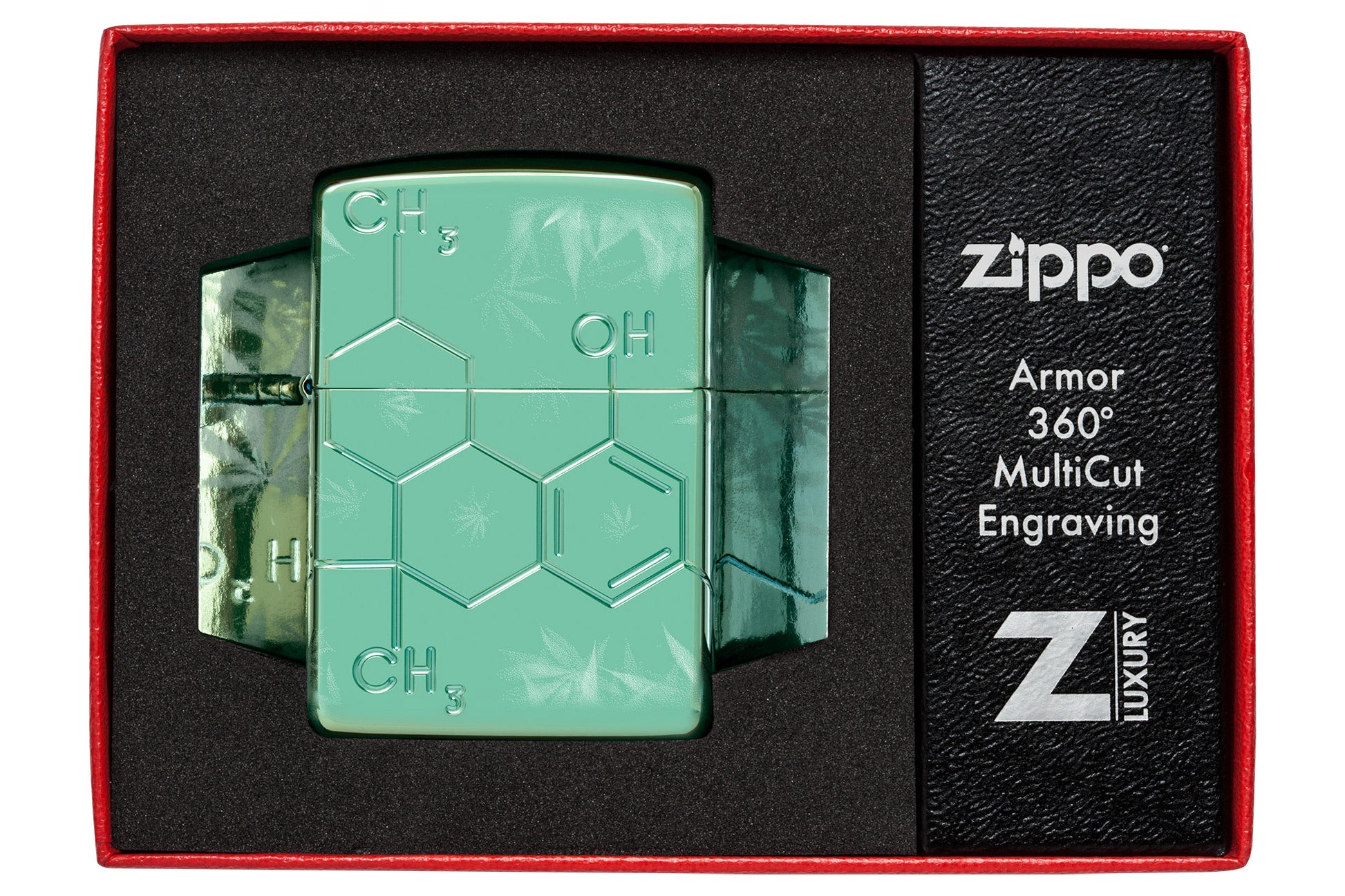 Zippo Cannabis Compound Design Armor® High Polish Green Windproof Lighter in its packaging.