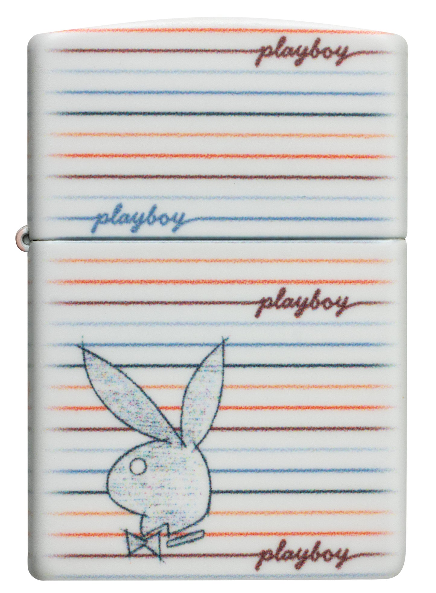 Front view of Zippo Playboy Rabbit Silhouette Line Design White 540 Matte Windproof Lighter.