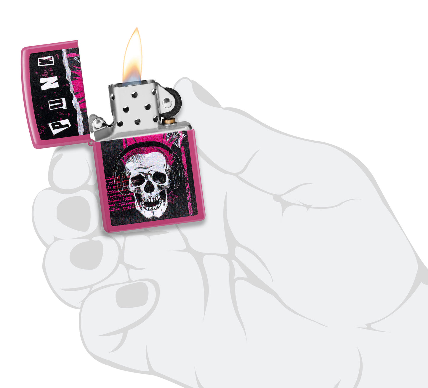 Zippo Punk Skull Design Frequency Windproof Lighter lit in hand.