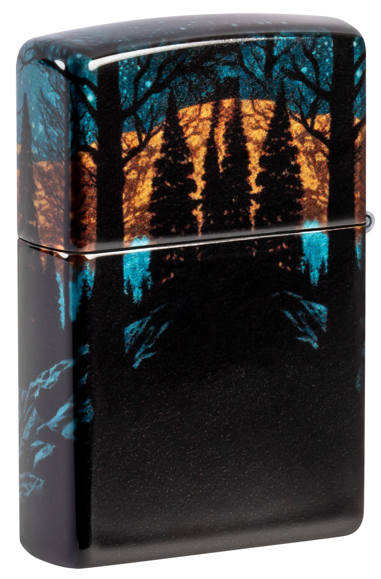 Back shot of Zippo Moonlight Wolf Design 540 Tumbled Chrome Windproof Lighter standing at a 3/4 angle.