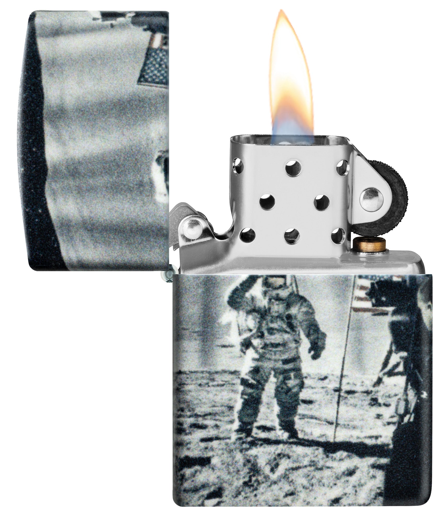 Zippo Astro-not Design 540 Matte Windproof Lighter with its lid open and lit.