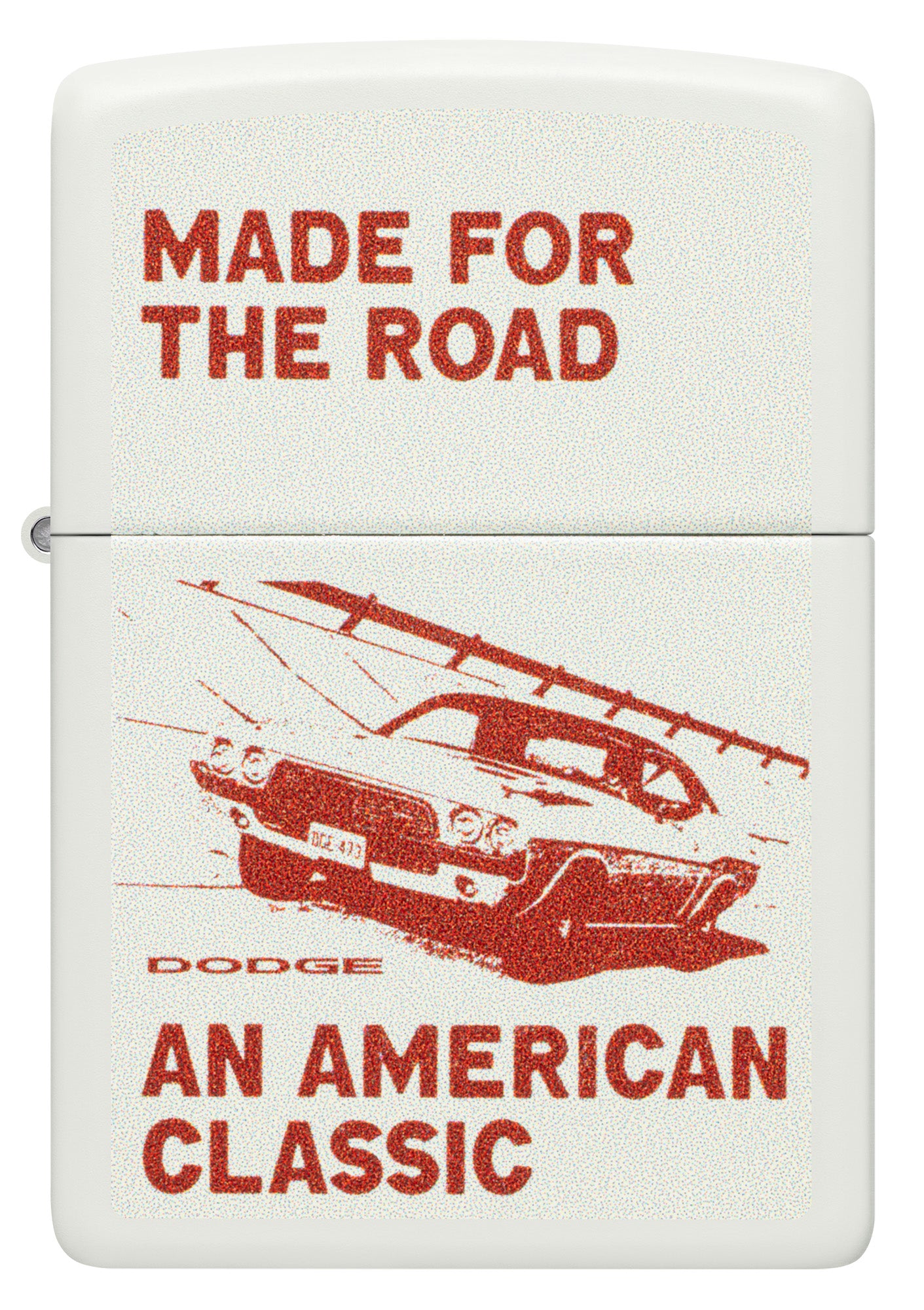 Front view of Zippo Dodge Made for the Road Design White Matte Windproof Lighter.