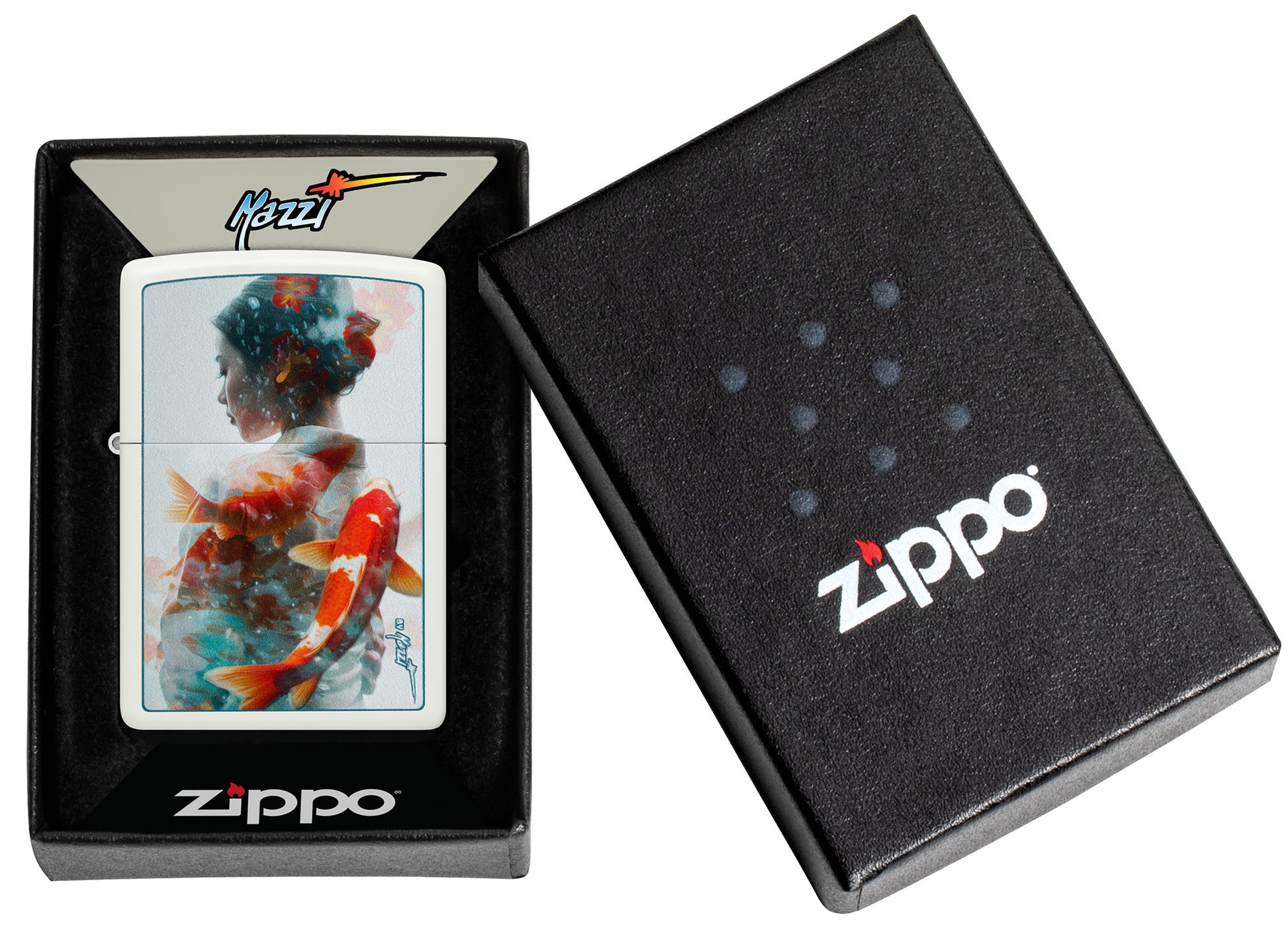 Zippo Mazzi Texture Print White Matte Windproof Lighter in its packaging.