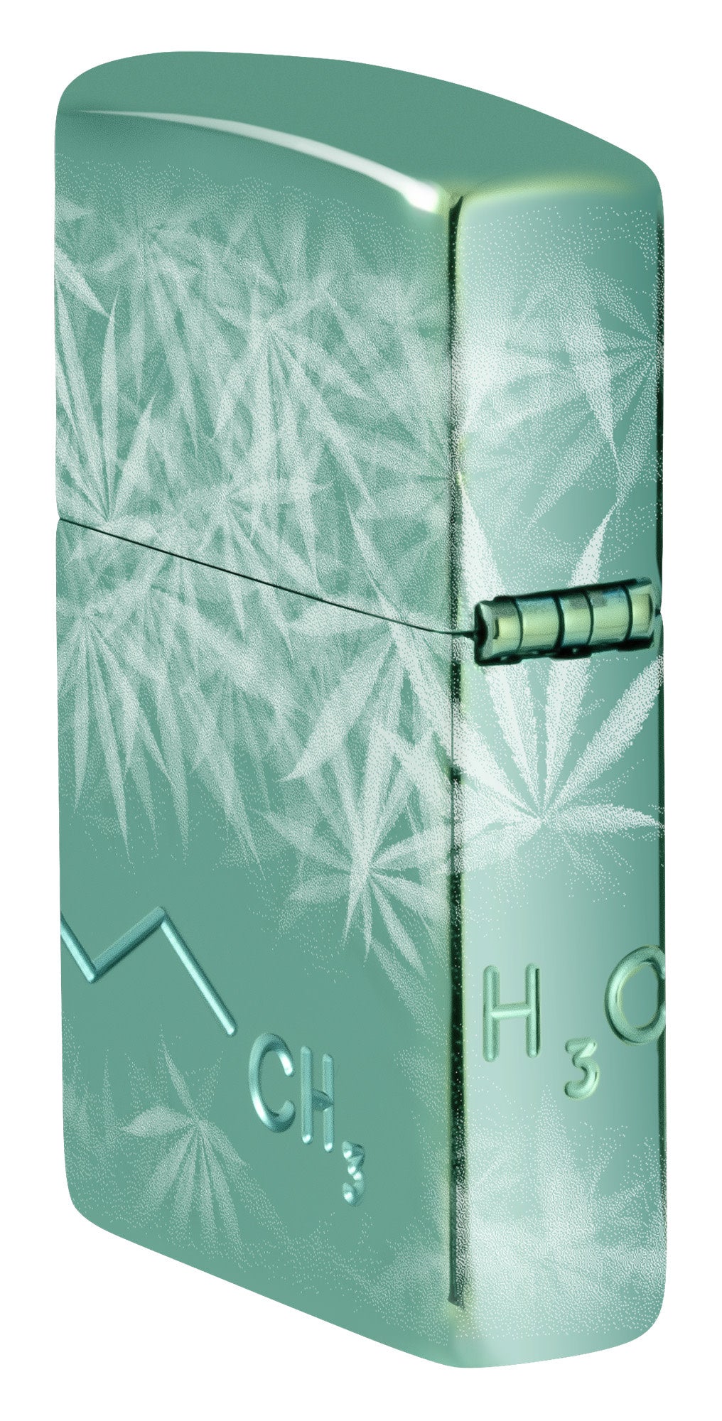 Angled shot of Zippo Cannabis Compound Design Armor® High Polish Green Windproof Lighter showing the back and hinge side of the lighter.