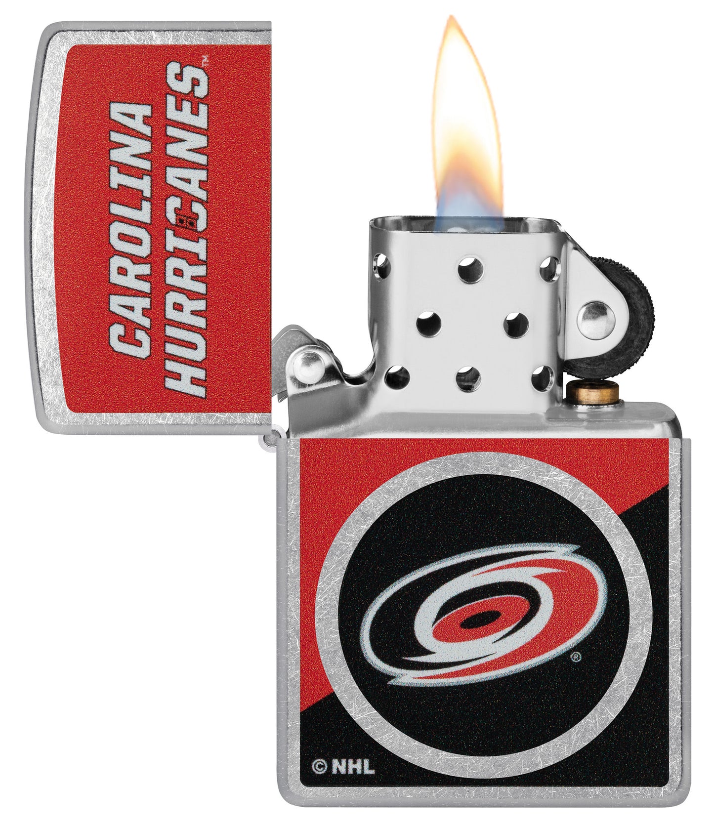 Zippo NHL® Carolina Hurricanes® 2024 Street Chrome™ Windproof Lighter with its lid open and unlit.