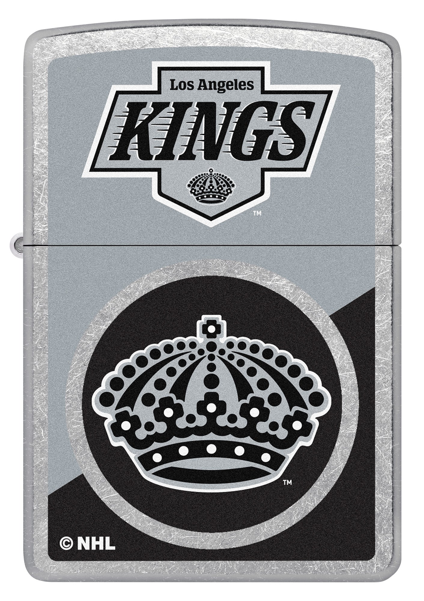 Zippo NHL® LA Kings® 2024 Street Chrome™ Windproof Lighter with its lid open and lit.