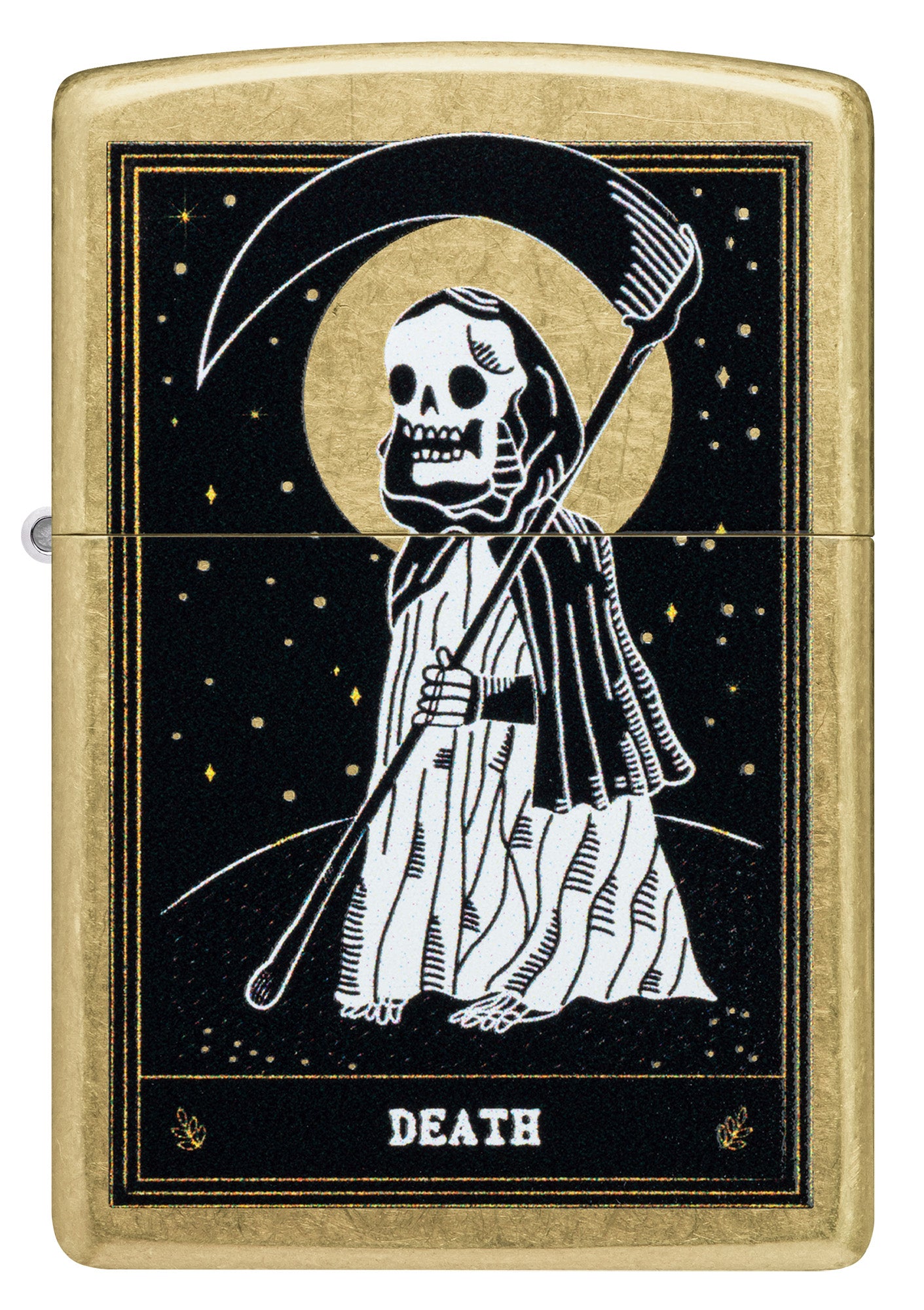 Front view of Zippo Death Card Desig Street Brass Windproof Lighter.