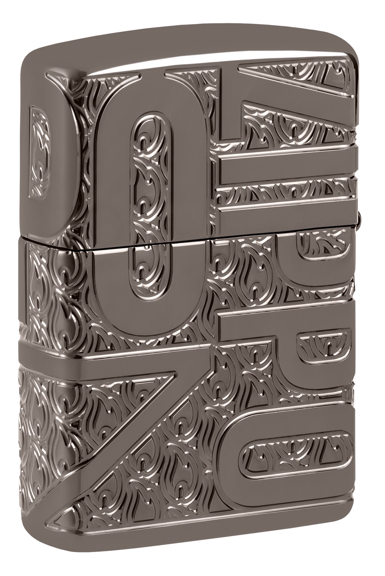 Back shot of Zippo Reverse Carve Zippo Design Armor® Black Ice® Windproof Lighter standing at a 3/4 angle.