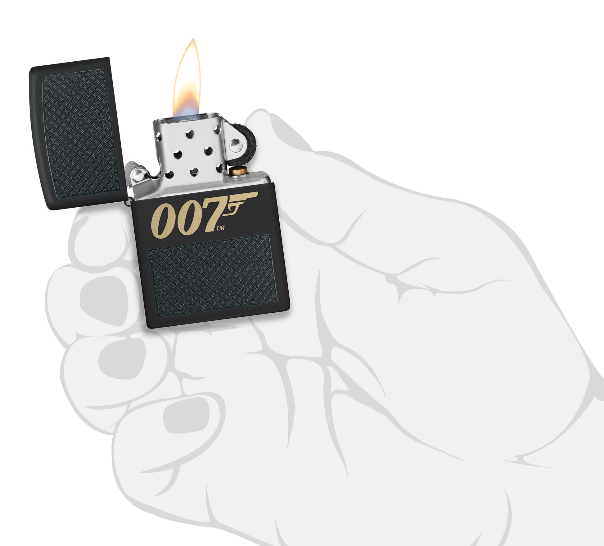 Zippo James Bond 007â„¢ Design Black Matte Windproof Lighter lit in hand.