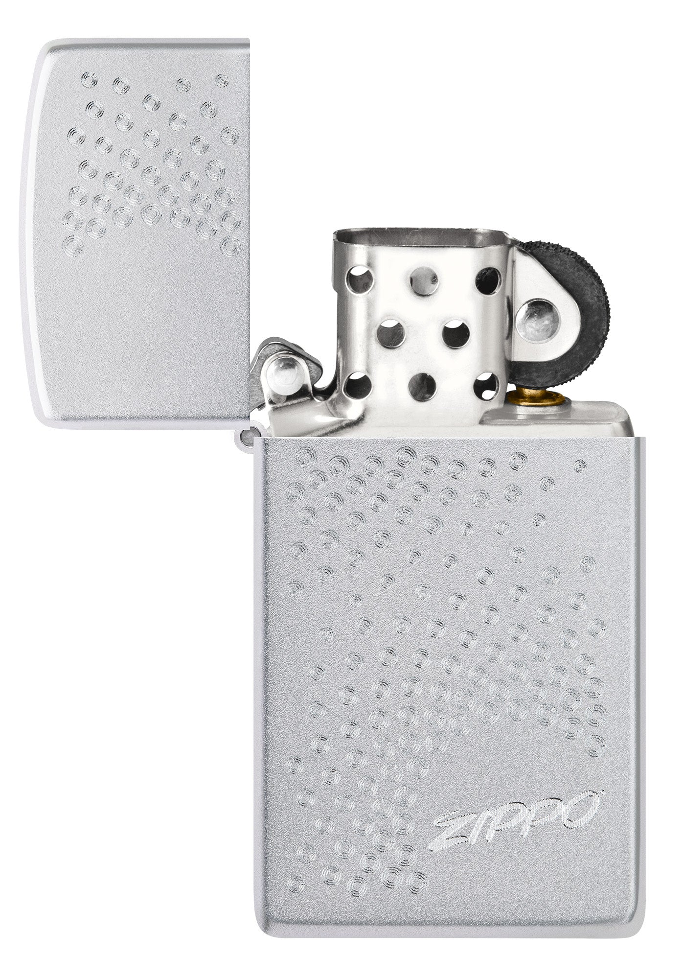 Slim® Zippo Dot Design Satin Chrome Windproof Lighter with its lid open and unlit.