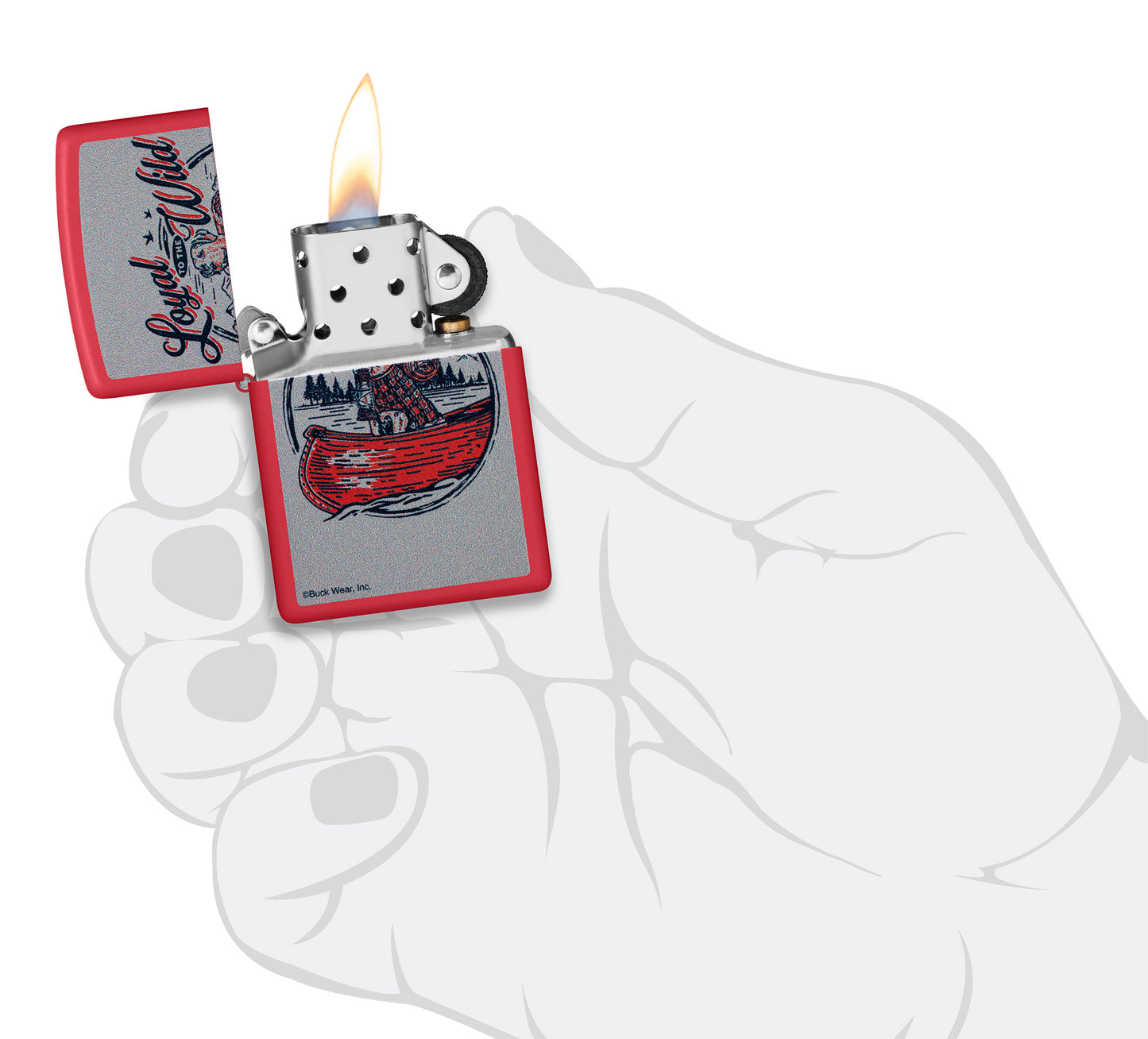 Zippo Buck Wear™ Loyal to the Wild Design Red Matte Windproof Lighter lit in hand.