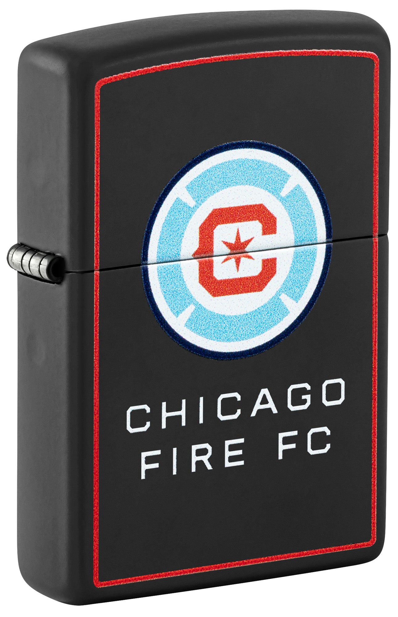 Front shot of Zippo Chicago Fire FC Windproof Lighter standing at a 3/4