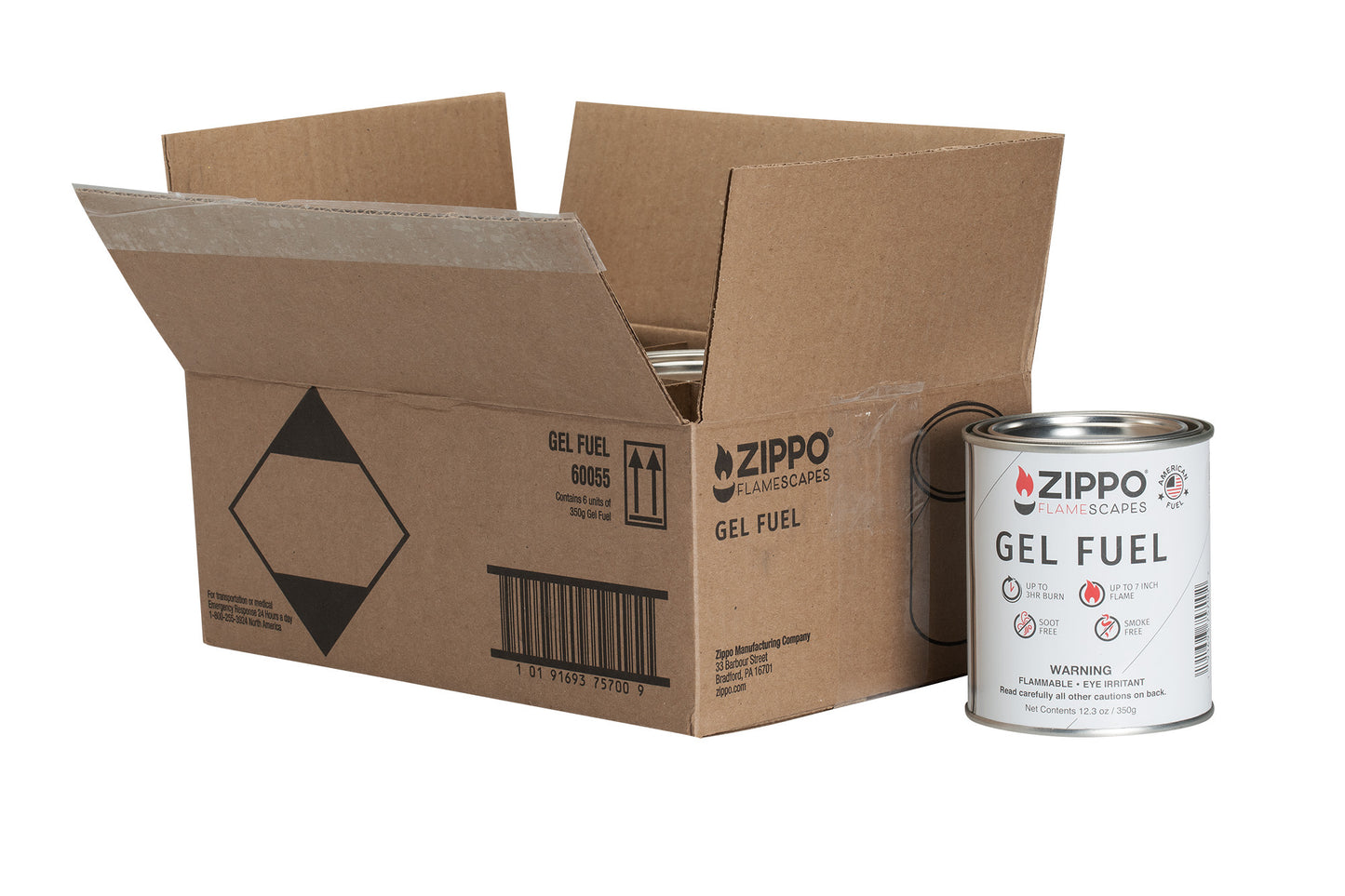 Image of the Zippo FlameScapesâ„¢ Gel Fuel can standing next to thje opened box the fuel comes in.