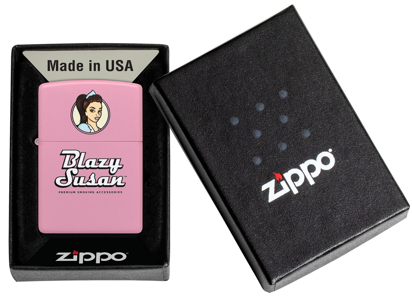 Zippo Blazy Susan™ Pink Logo Design Pink Matte Windproof Lighter in its packaging.
