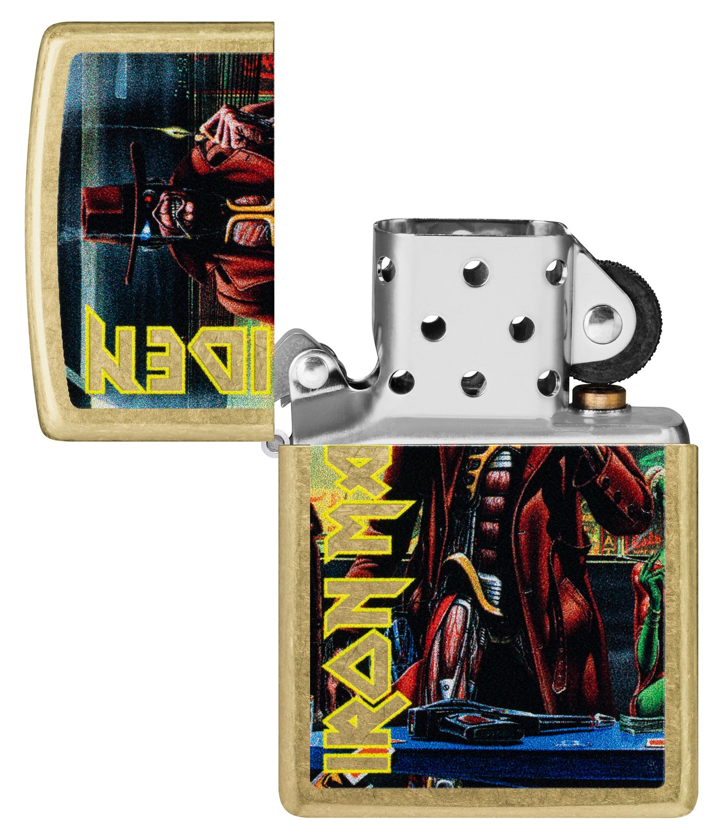 Zippo Iron Maiden Stranger in a Strange Land Street Brass Windproof Lighter with its lid open and unlit.