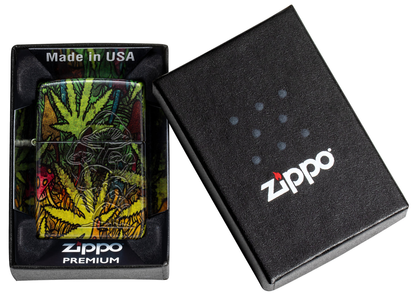 Zippo Fungi Fusion Design 540 Tumbled Brass Windproof Lighter in its packaging.