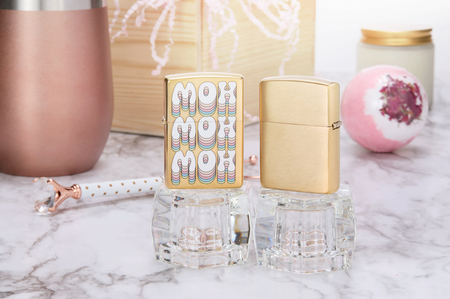 Lifestyle Image of MOH Design Windproof Lighter with its lid open and lit