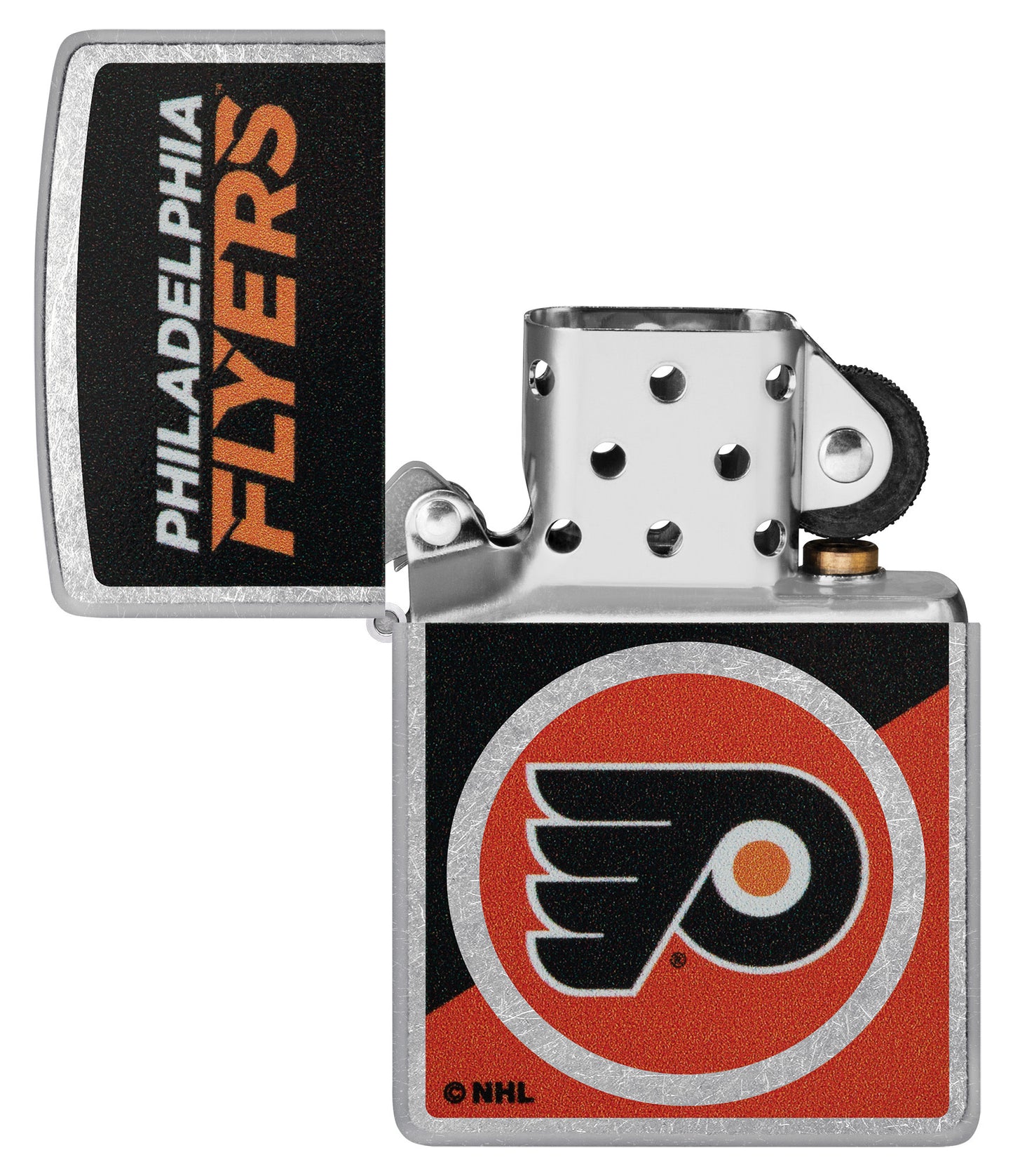 Zippo NHL® Philadelphia Flyers® 2024 Street Chrome™ Windproof Lighter lit in hand.