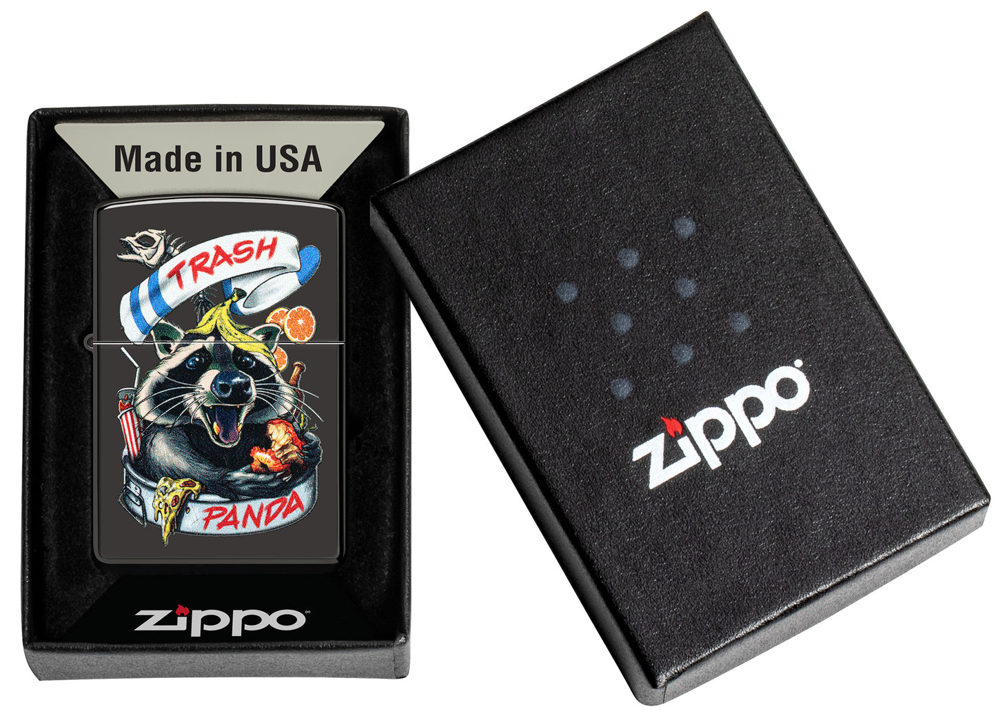 Zippo Masked Bandit Design Ebony Windproof Lighter in its packaging.